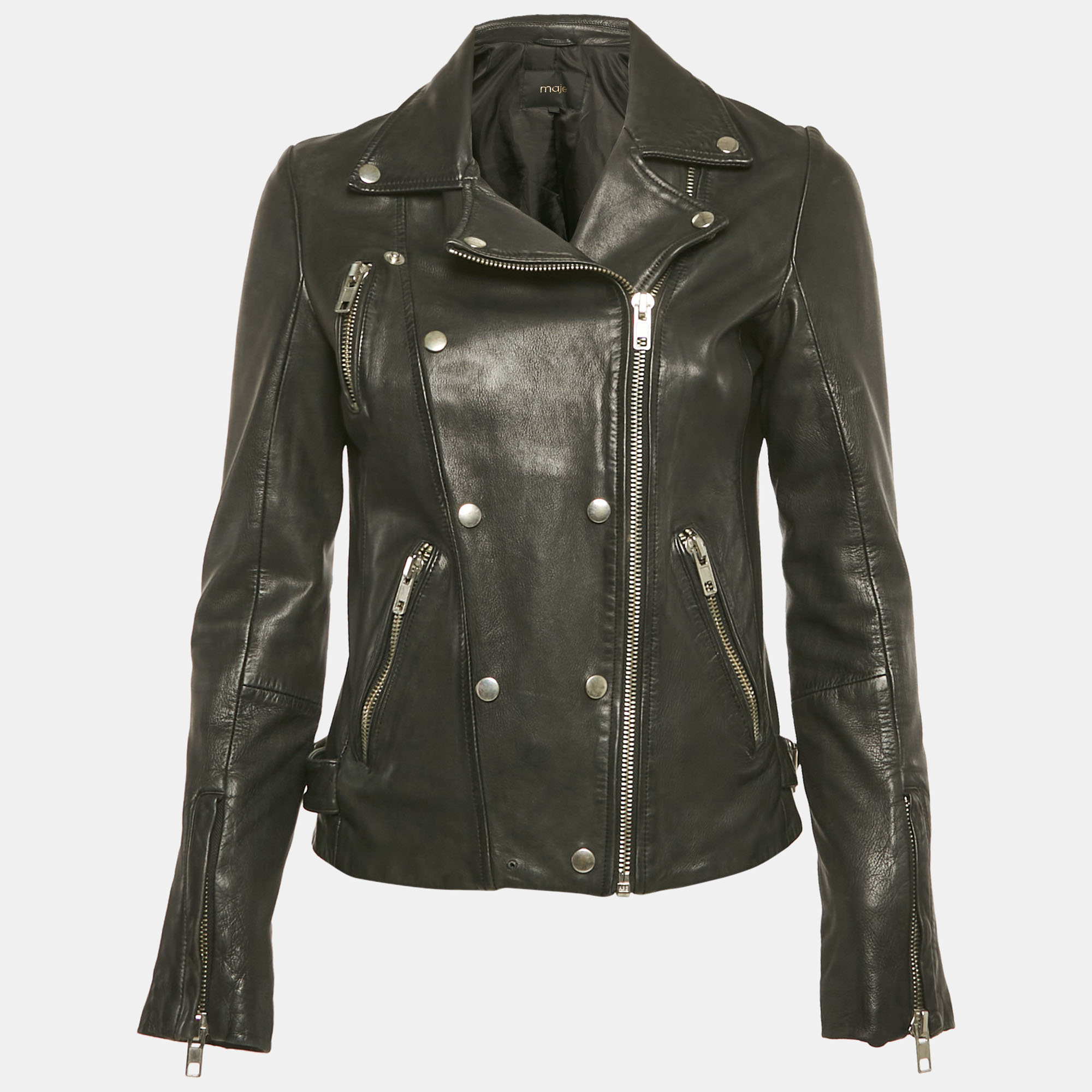 Pre-owned Maje Black Leather Biker Jacket S