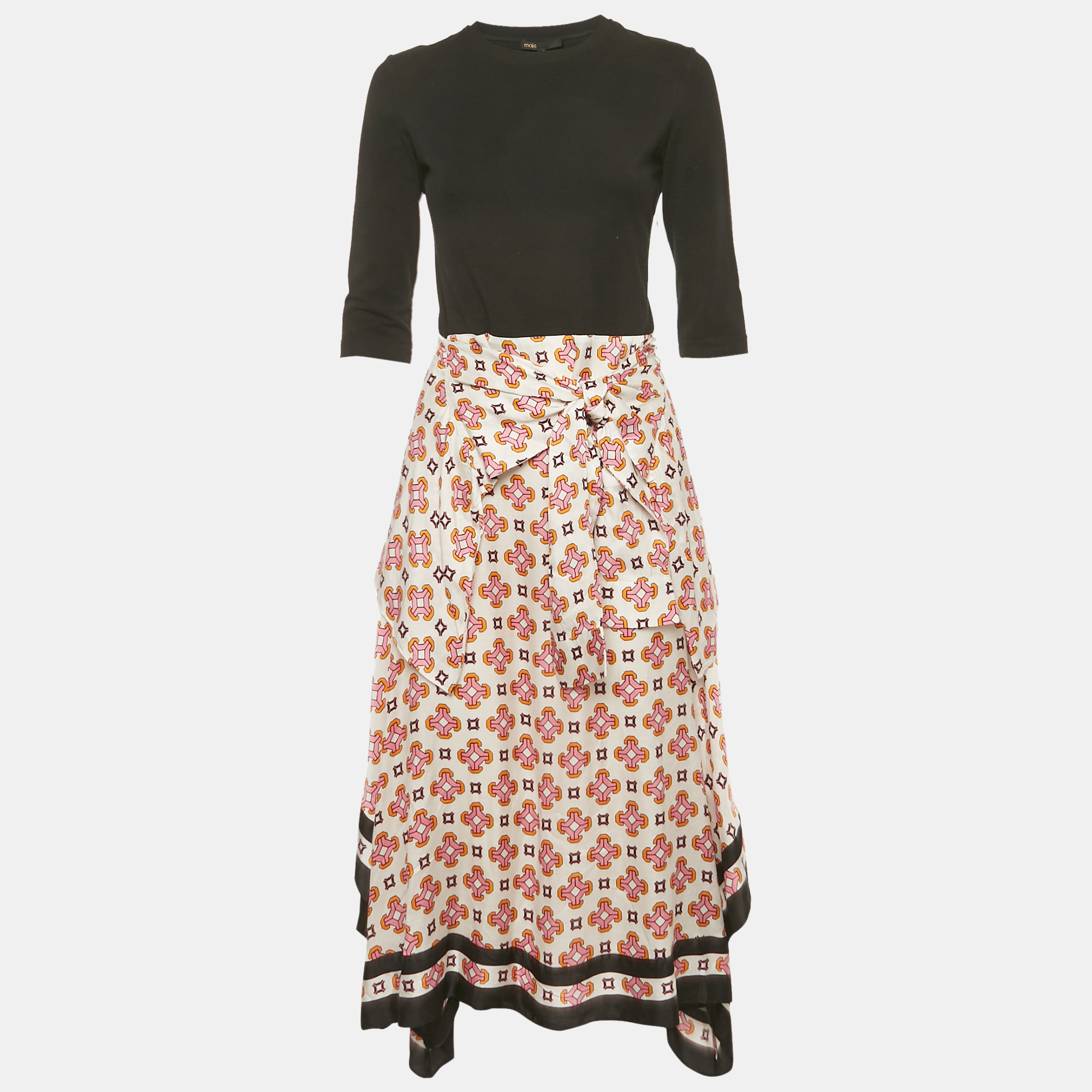 Maje Black Cotton Knit & Printed Silk Waist Tie Detail Midi Dress M