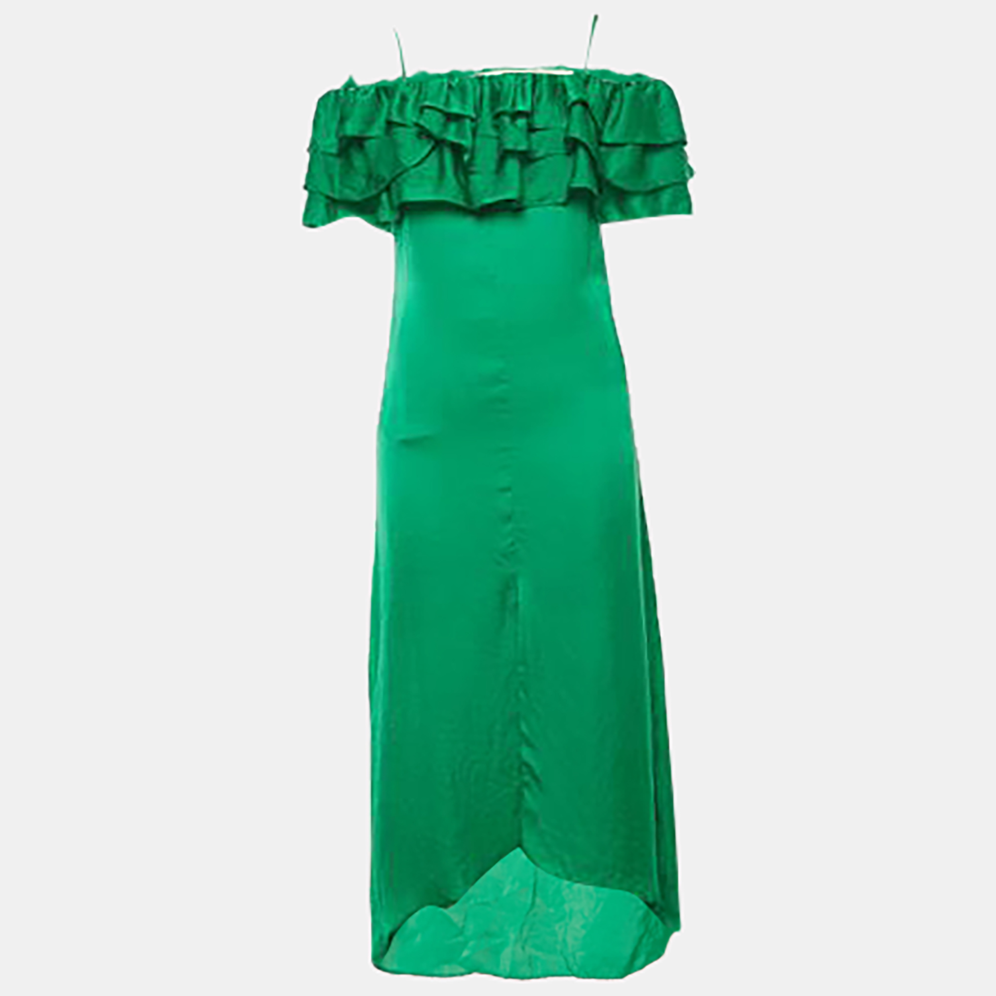 

Maje Green Satin Ruffed Off-Shoulder Midi Dress S