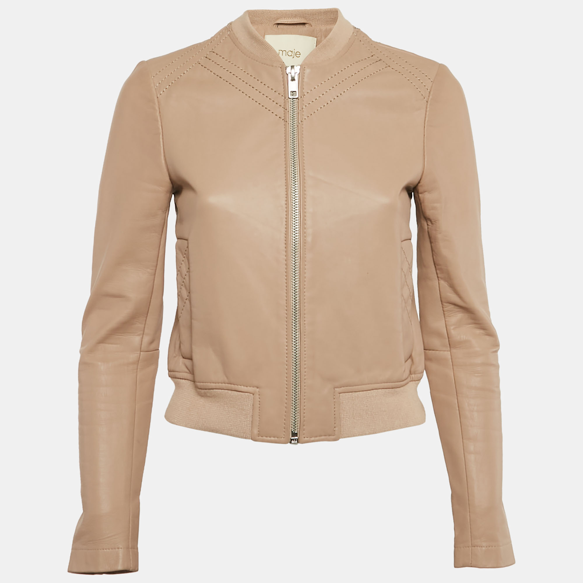 Pre-owned Maje Tan Leather Zip-up Jacket S In Beige