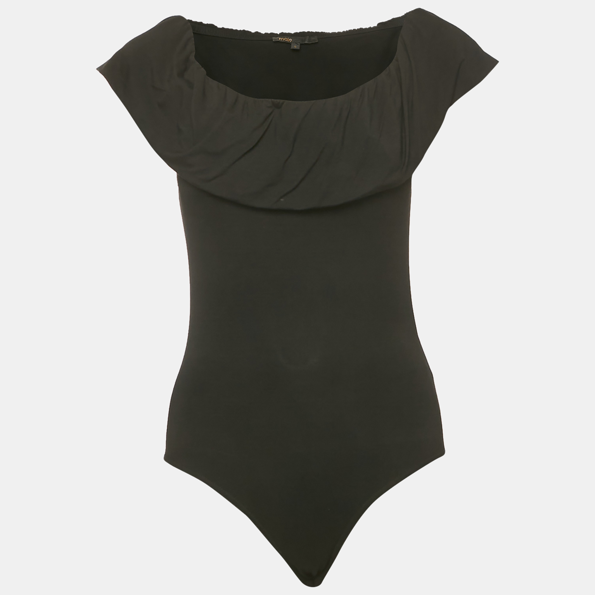 Pre-owned Maje Black Jersey Ruffled Off-shoulder Bodysuit L