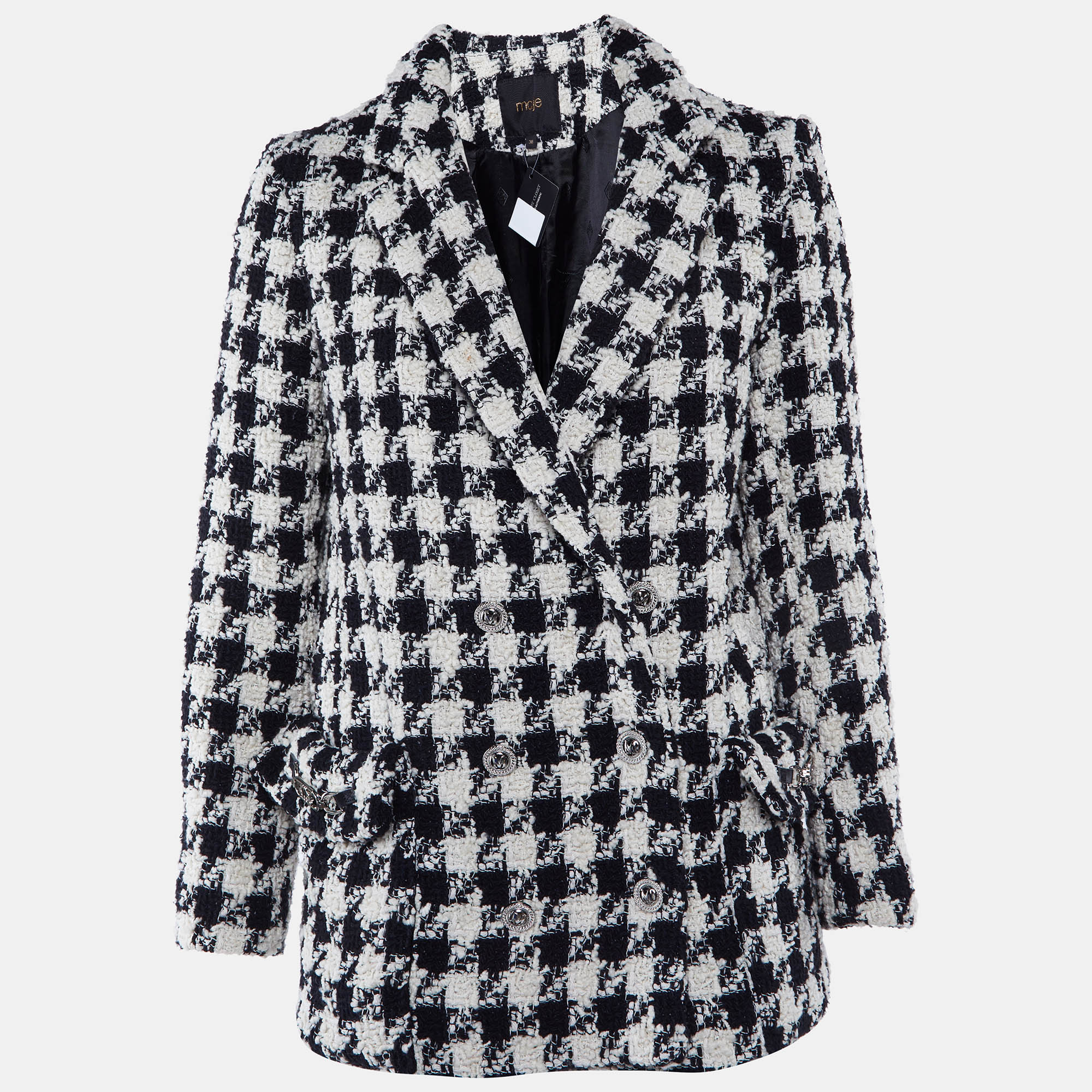 Pre-owned Maje Black/white Houndstooth Tweed Double Breasted Jacket M