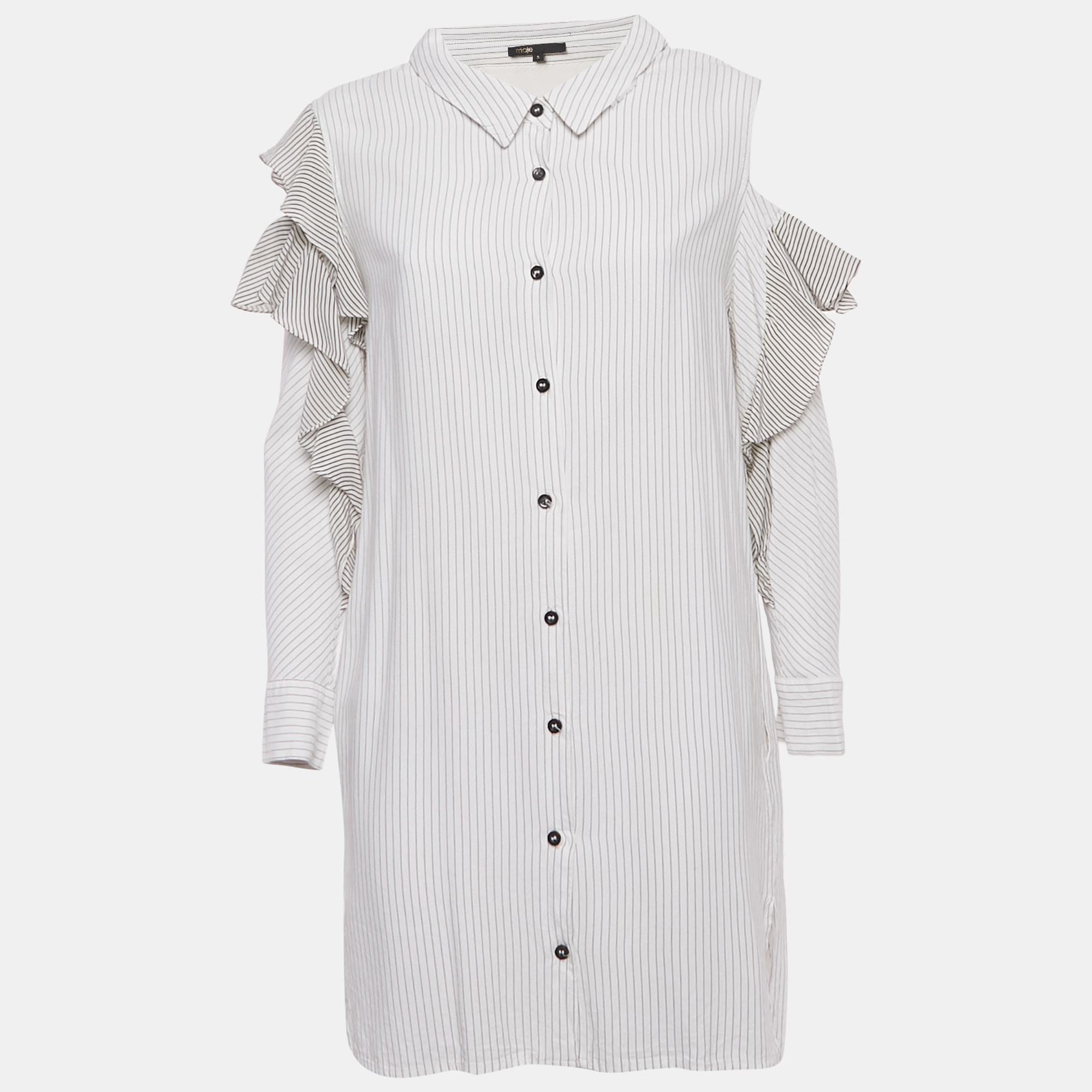 Pre-owned Maje White & Black Striped Crepe Cold Shoulder Mini Dress L