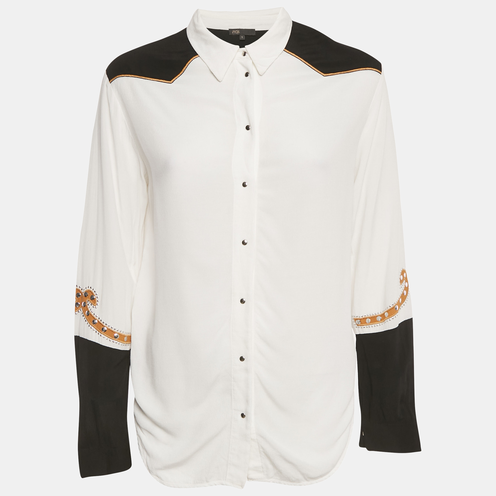 Pre-owned Maje White & Black Love Embroidered Crepe Chesti Shirt S