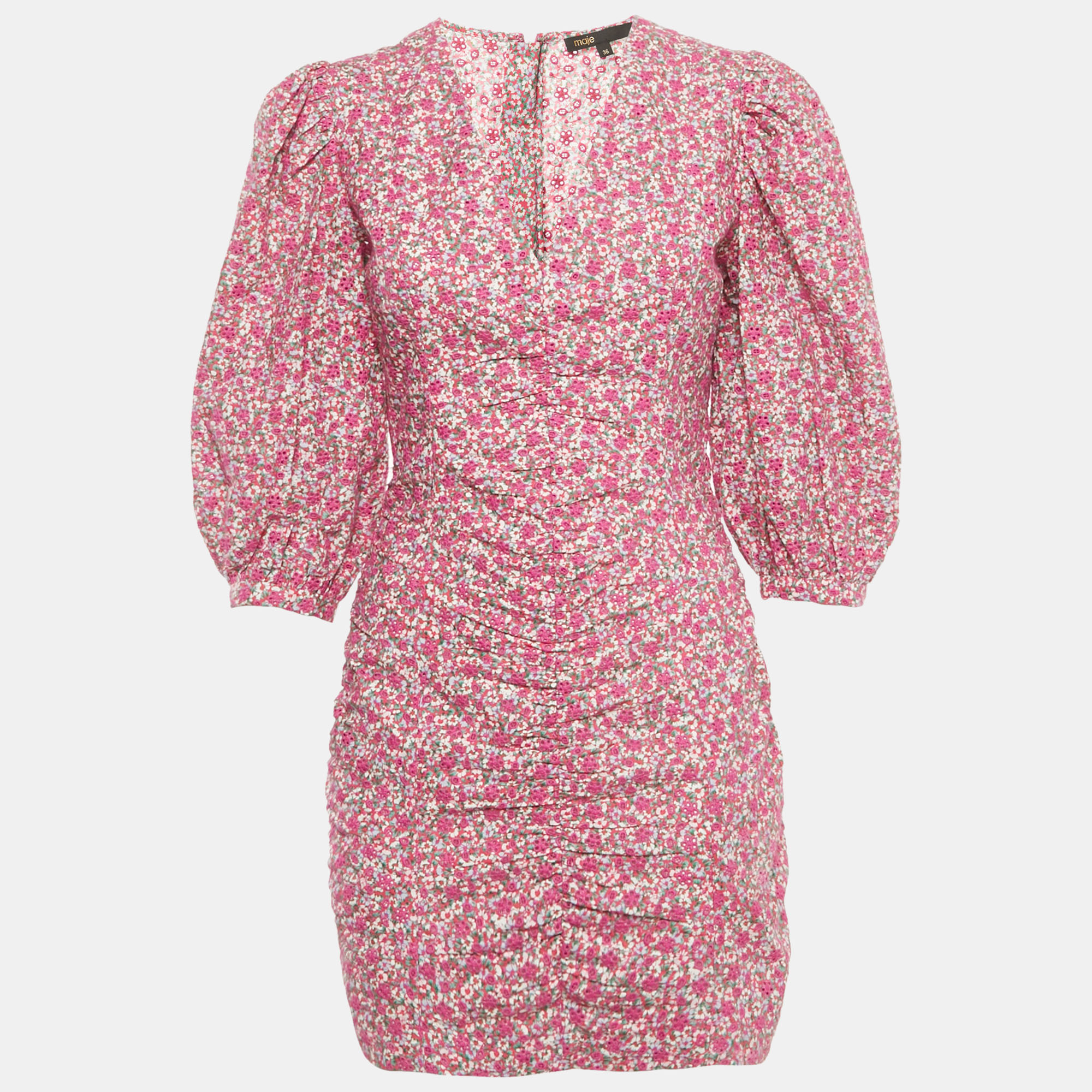 

Maje Pink Floral Print Cotton Broderie Anglaise Ruche Mini Dress S