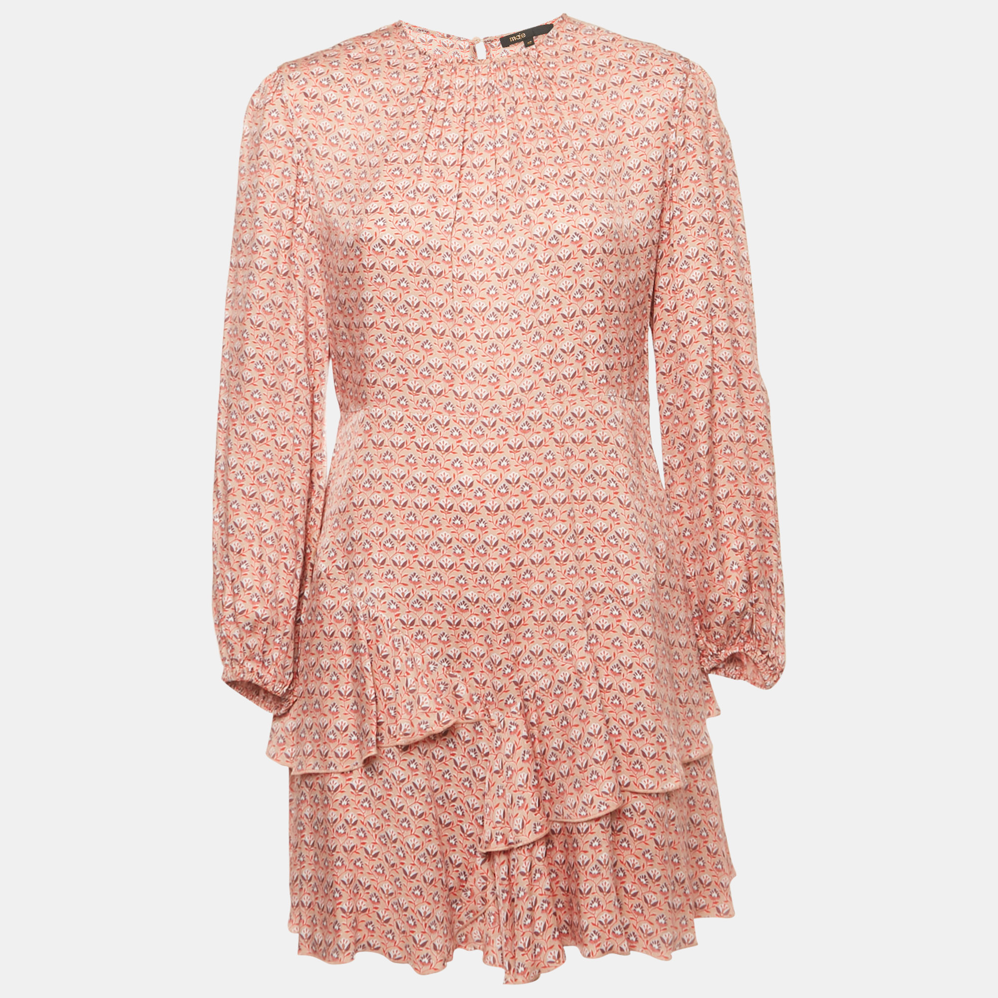Pre-owned Maje Pink Floral Print Crepe Ruffled Mini Dress L