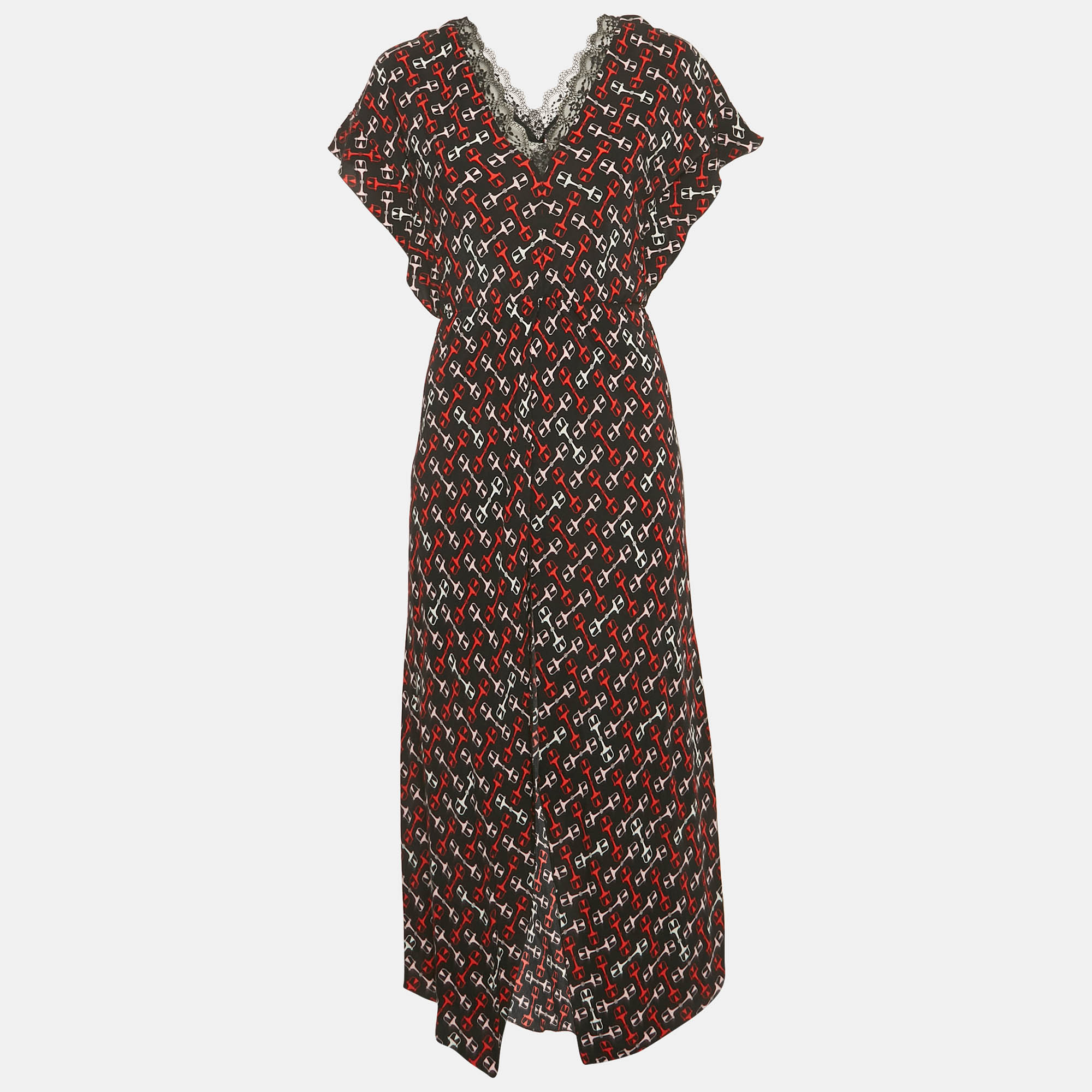 Pre-owned Maje Black Geometric Print Crepe Lace Trim Midi Dress M