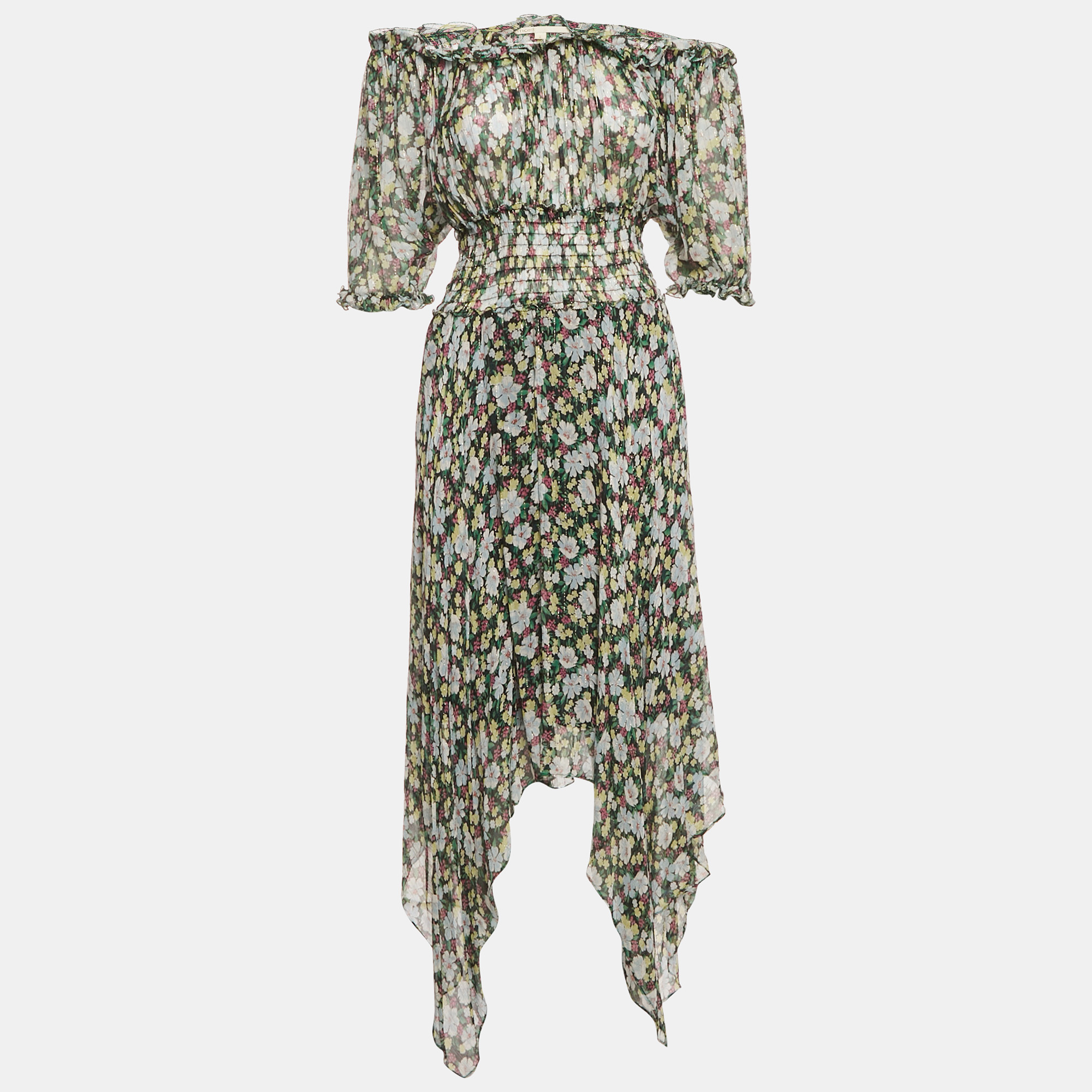 Pre-owned Maje Multicolor Floral Print Chiffon Handkerchief Hem Midi Dress M
