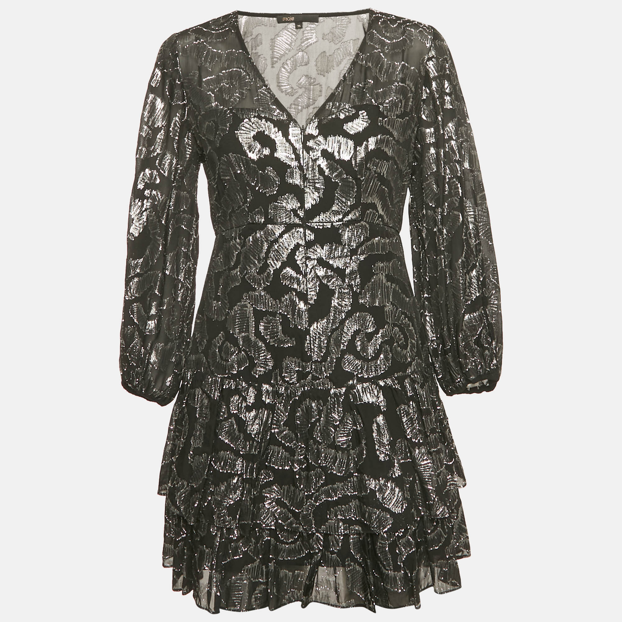 Pre-owned Maje Black Chiffon Metallic Fil Coupe Mini Dress S