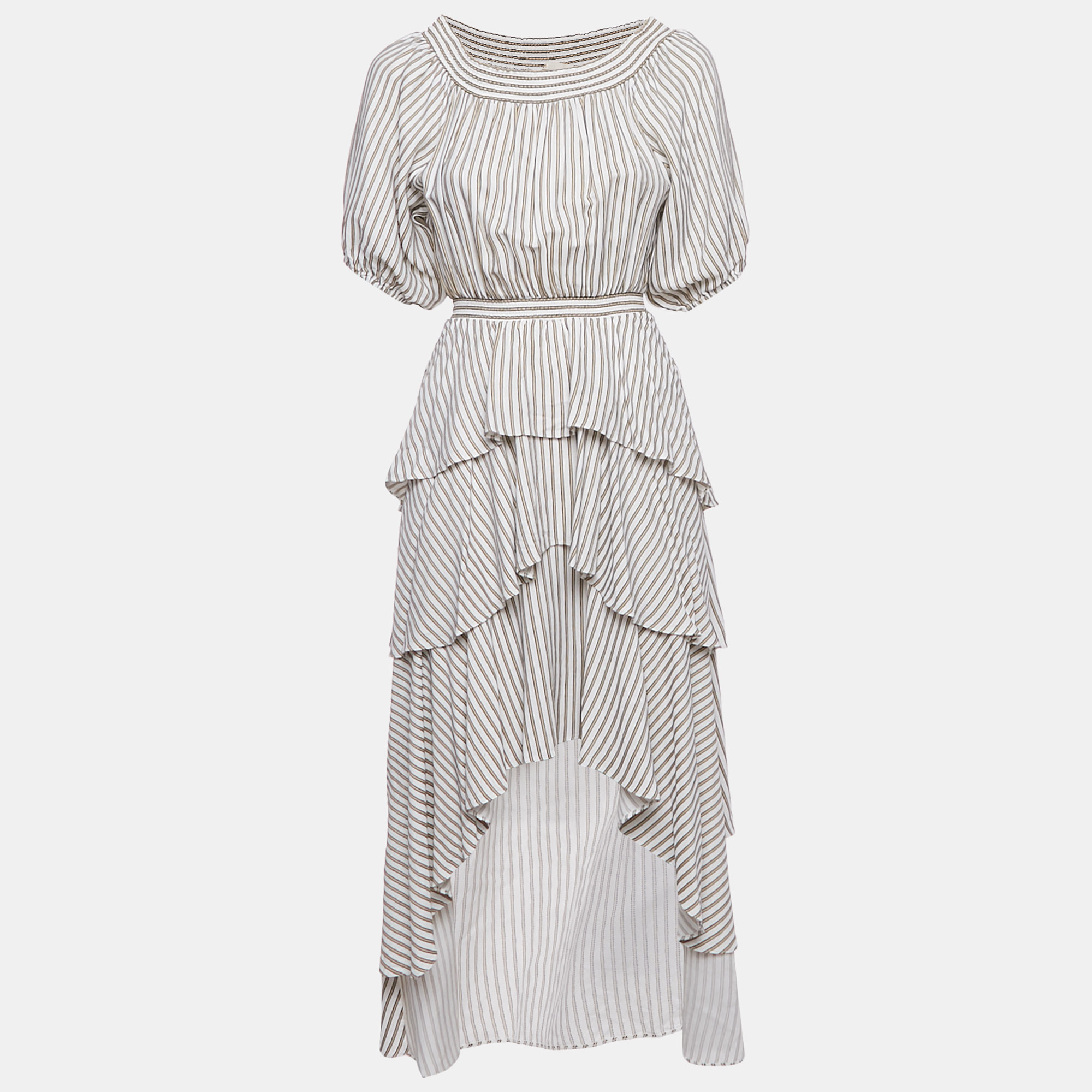 

Maje Beige Striped Crepe Tiered Asymmetric Midi Dress M, White