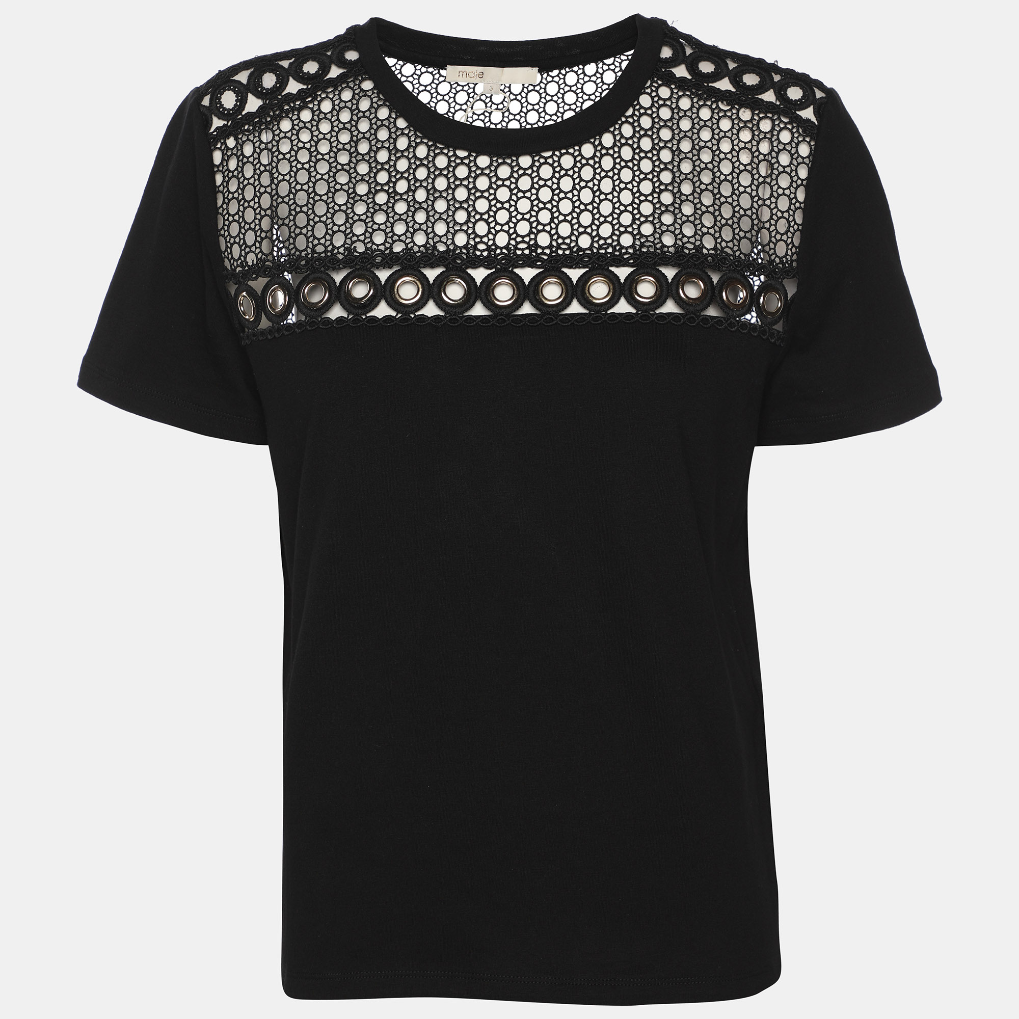 Pre-owned Maje Black Jersey Eyelet Detail Top L