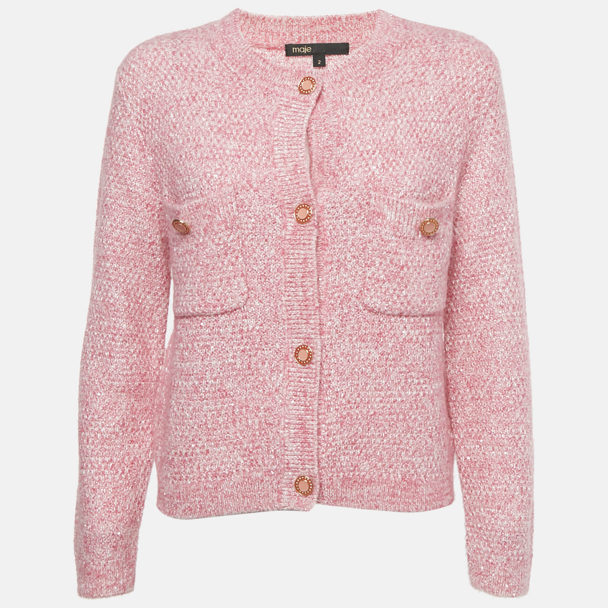 Pre-owned Maje Rose Lurex Knit Button Front Cardigan M In Pink