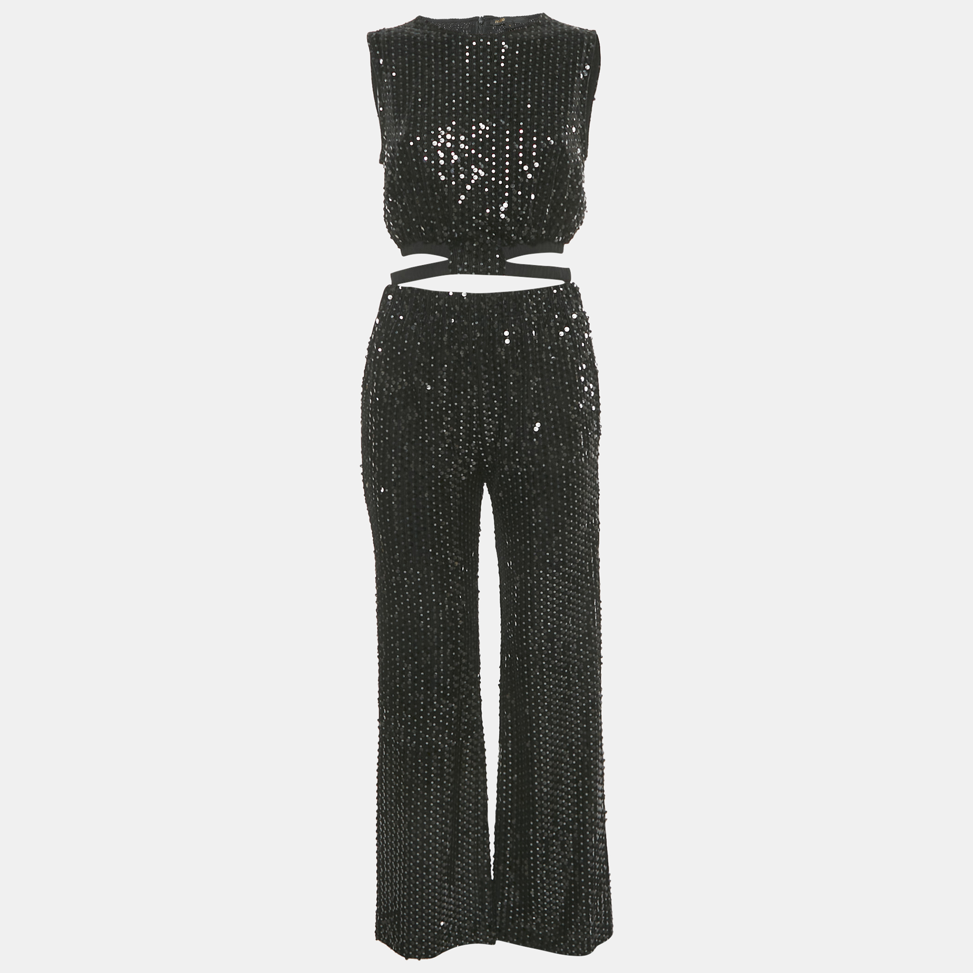 Pre-owned Maje Black Sequin Cut-out Crop Top & Wide Leg Pants Set S