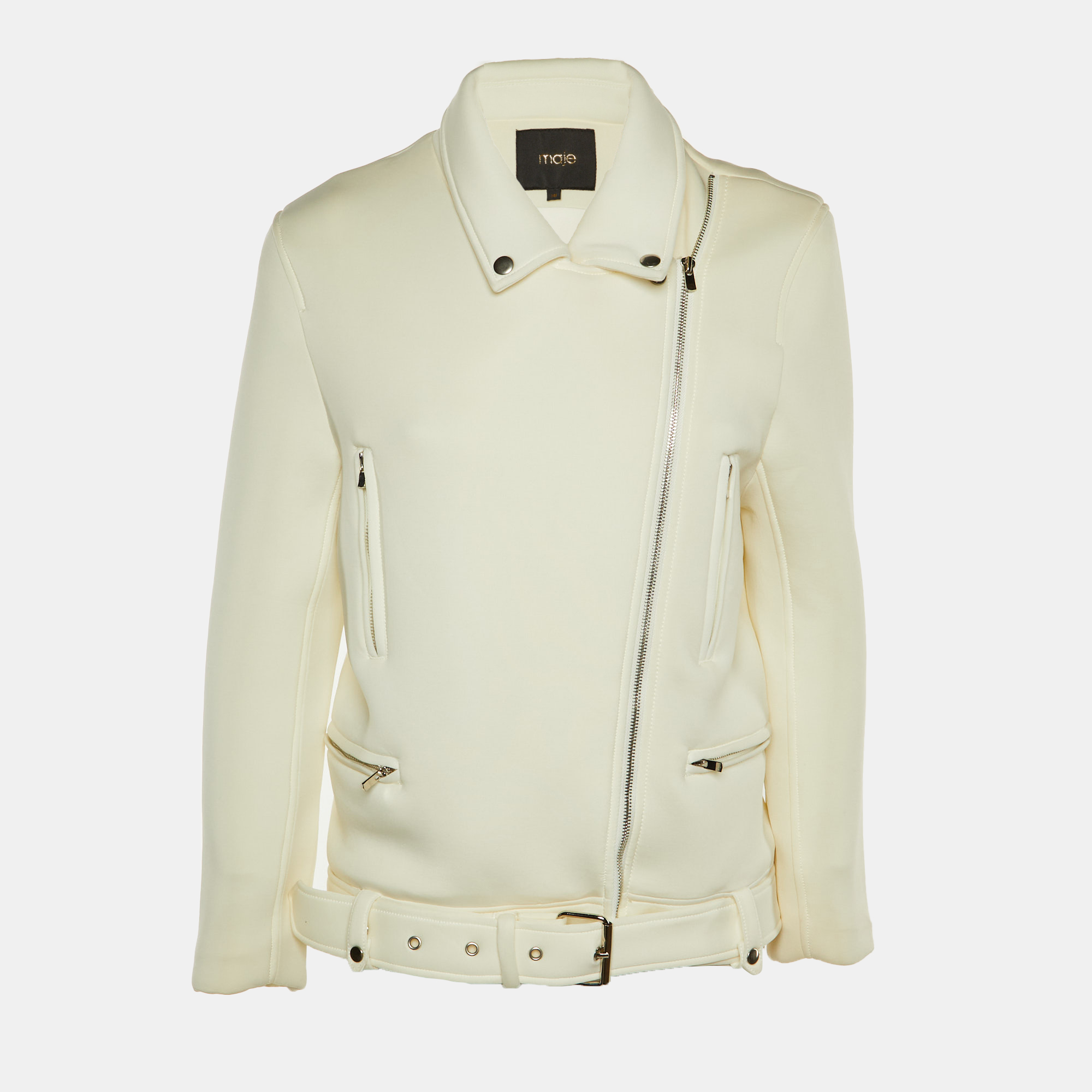 Pre-owned Maje Ivory Cady Biker Jacket M In White
