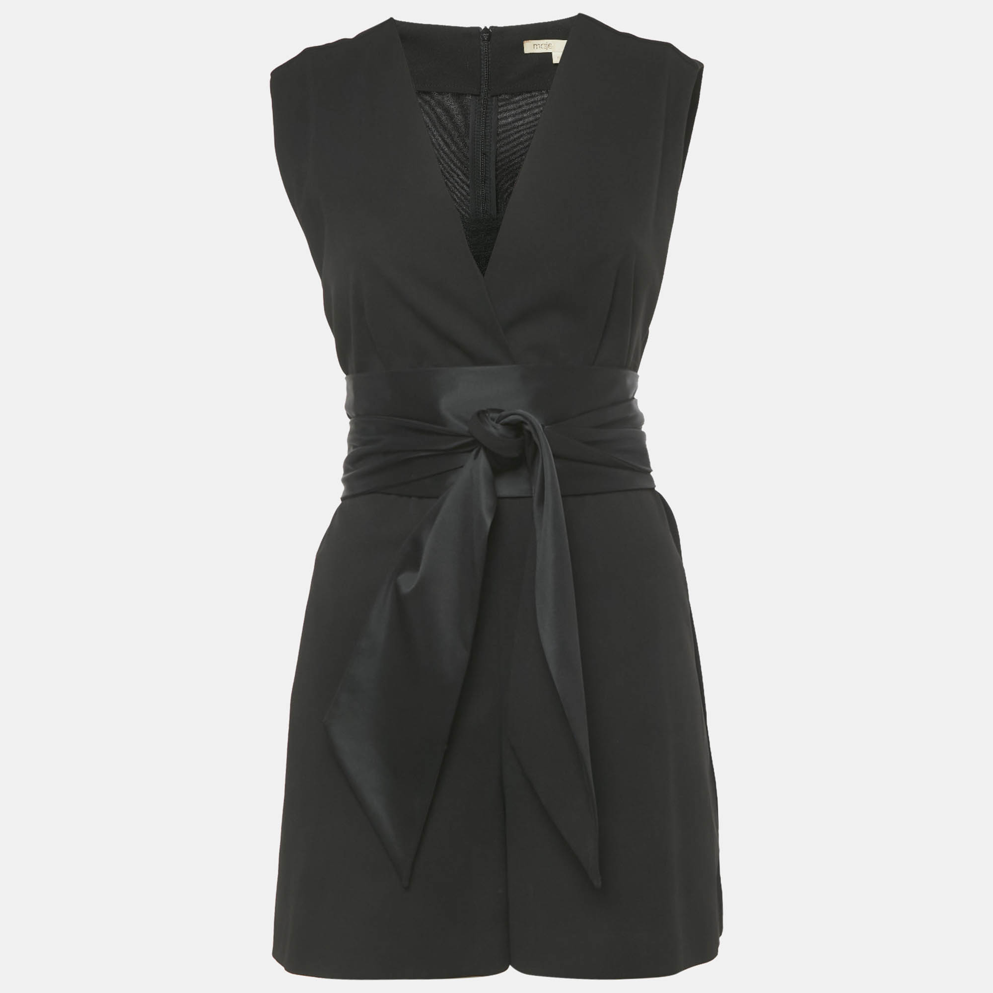 Maje Black Crepe Plunge Neck Belted Playsuit L