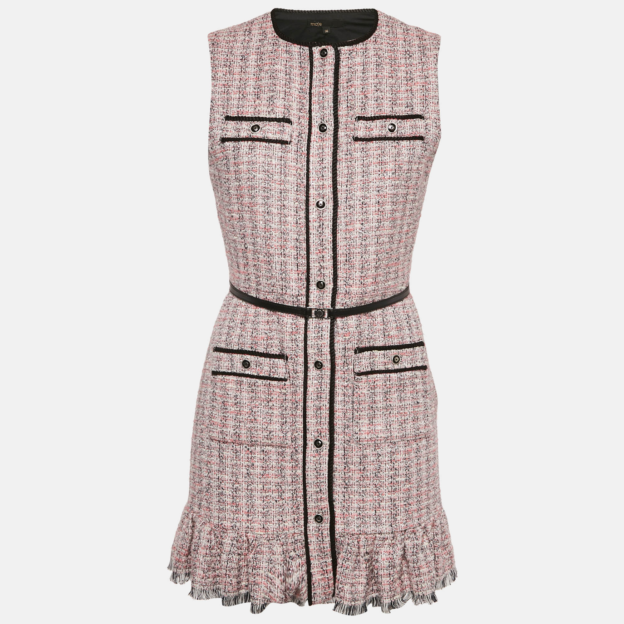Pre-owned Maje Pink Lurex Tweed Ruffled 2-in-1 Mini Dress S