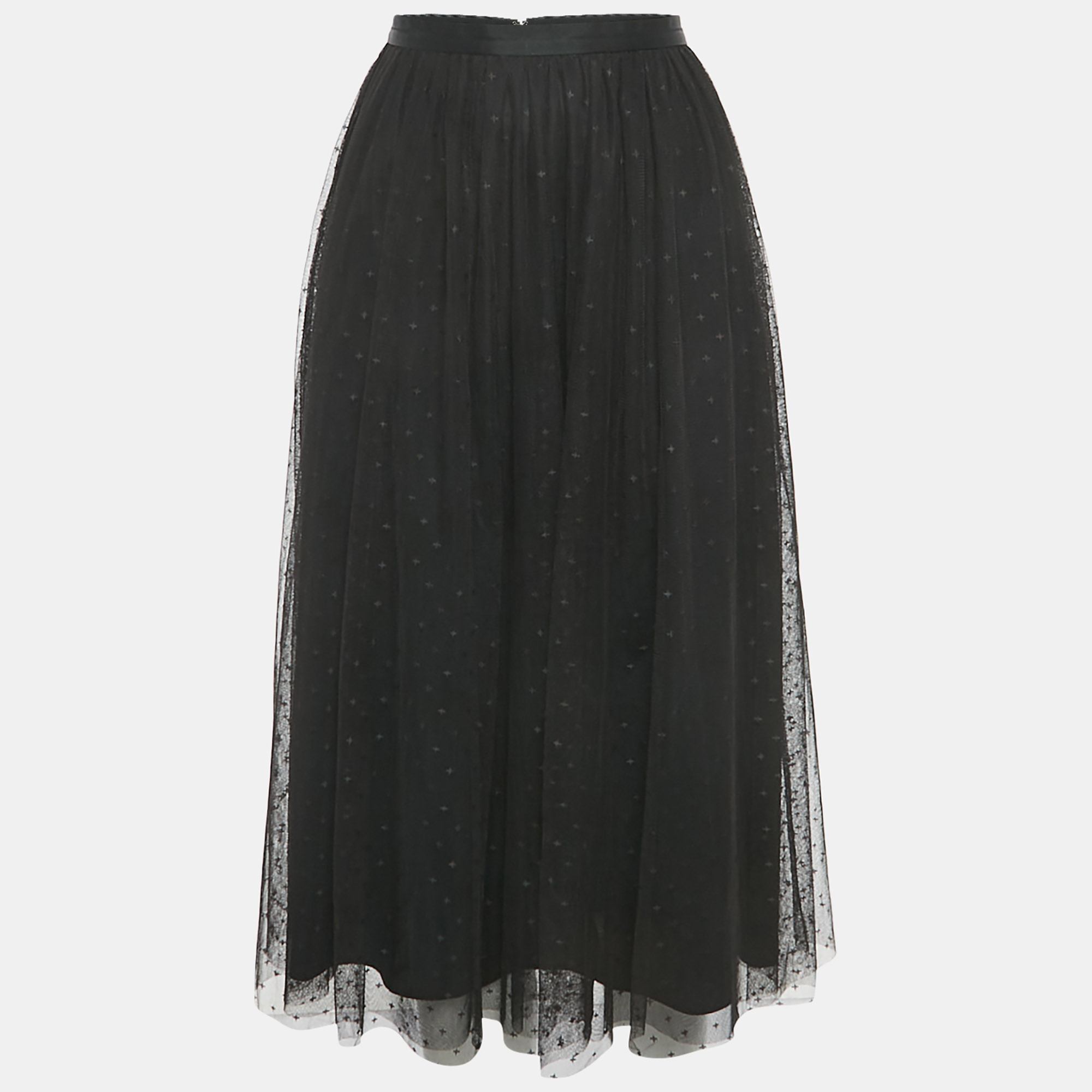 Pre-owned Needle & Thread Black Patterned Tulle Flared Midi Skirt S