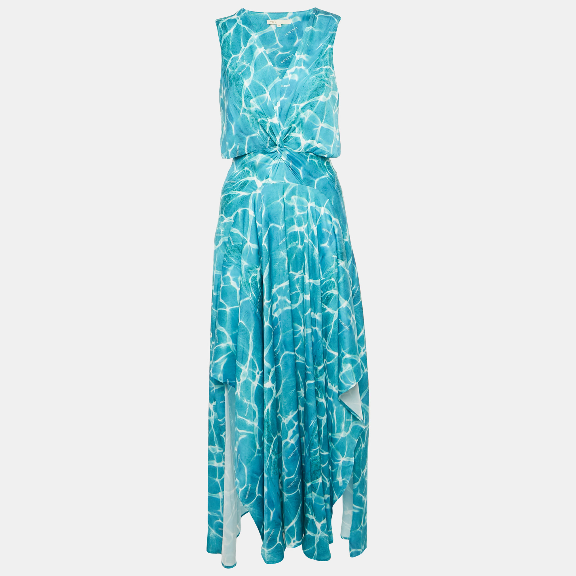 Maje Blue Printed Cut -Out Detail Satin Asymmetric Maxi Dress S