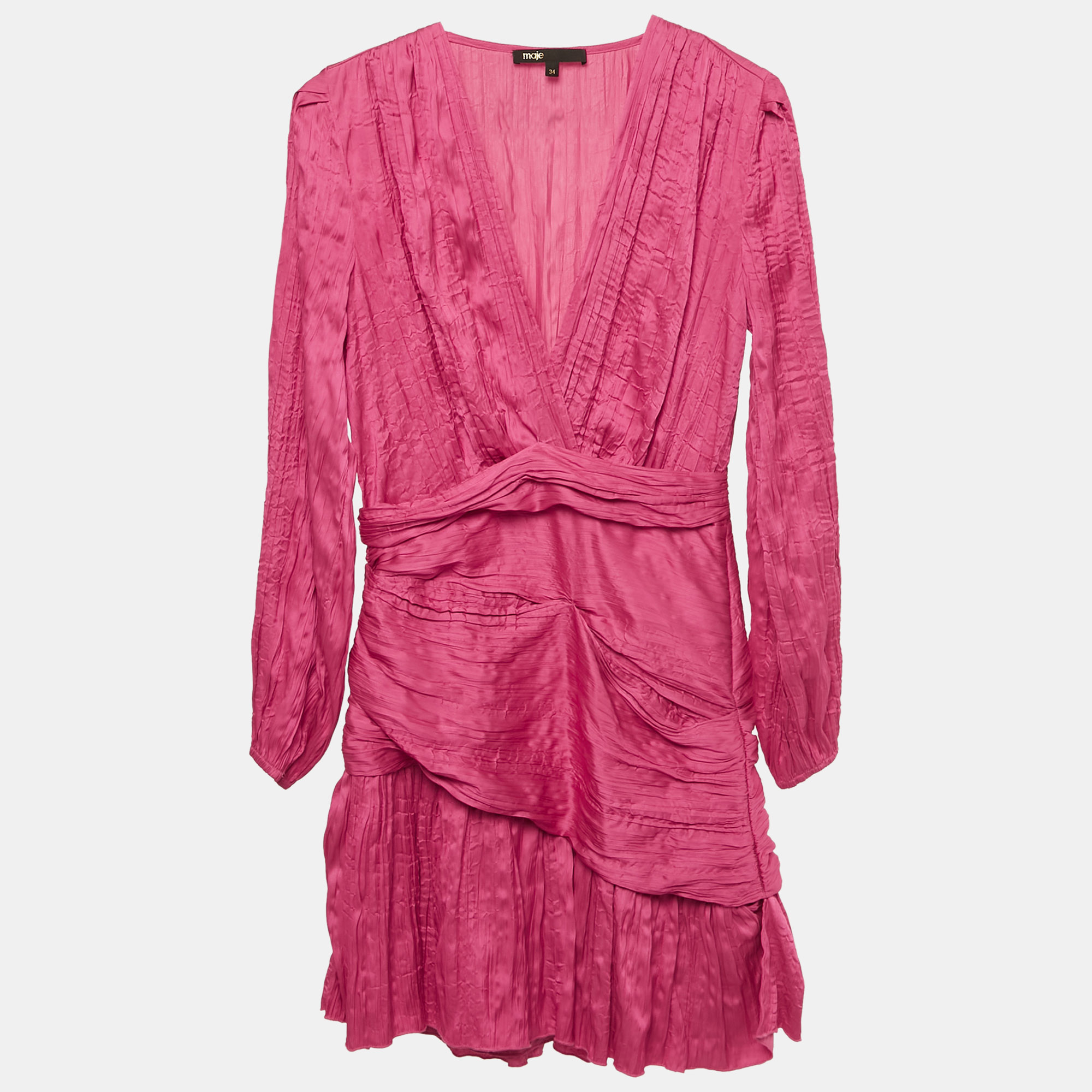 Maje Pink Crepe Ruched Asymmetric Mini Dress XS