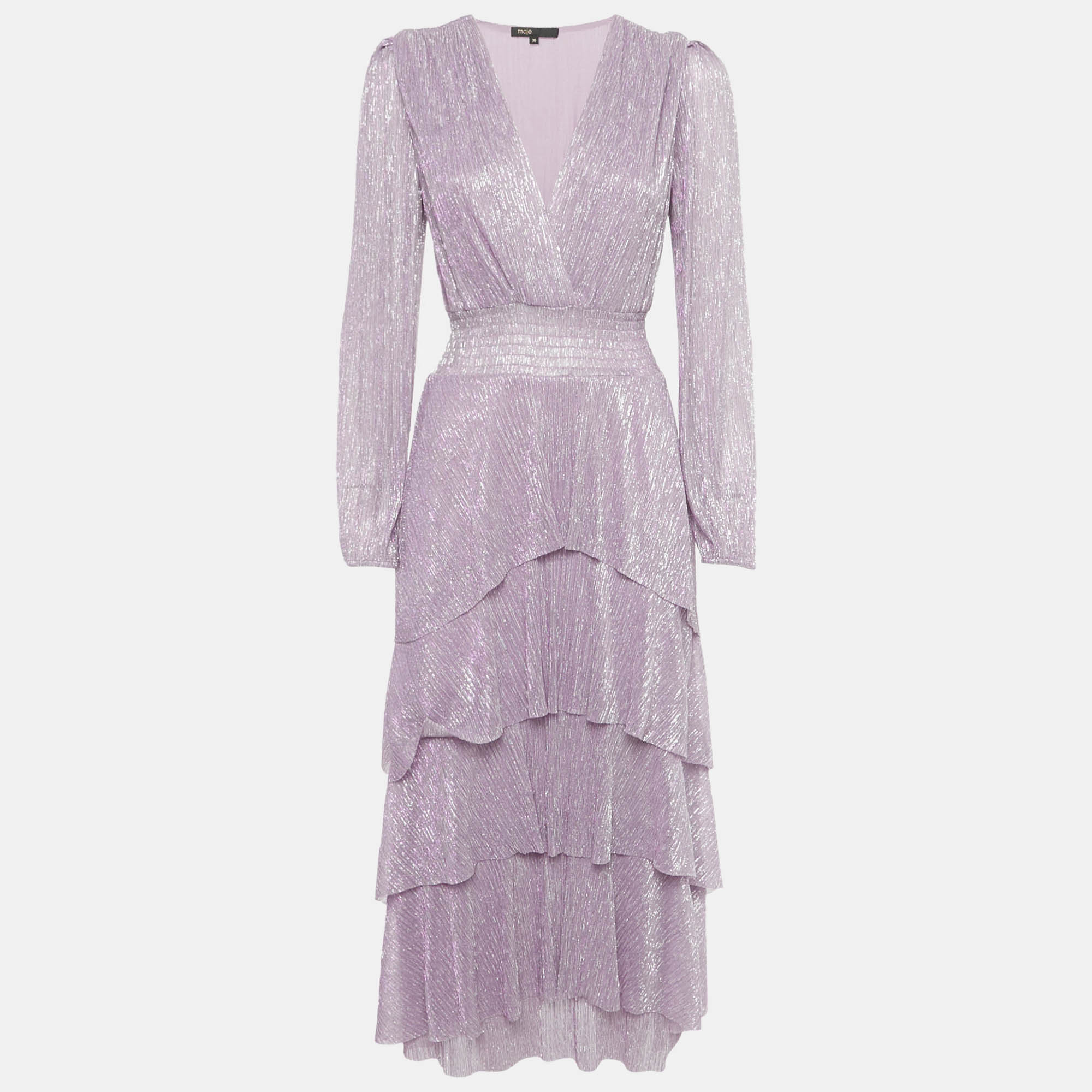 Pre-owned Maje Purple Metallic Asymmetric Tiered Maxi Dress S