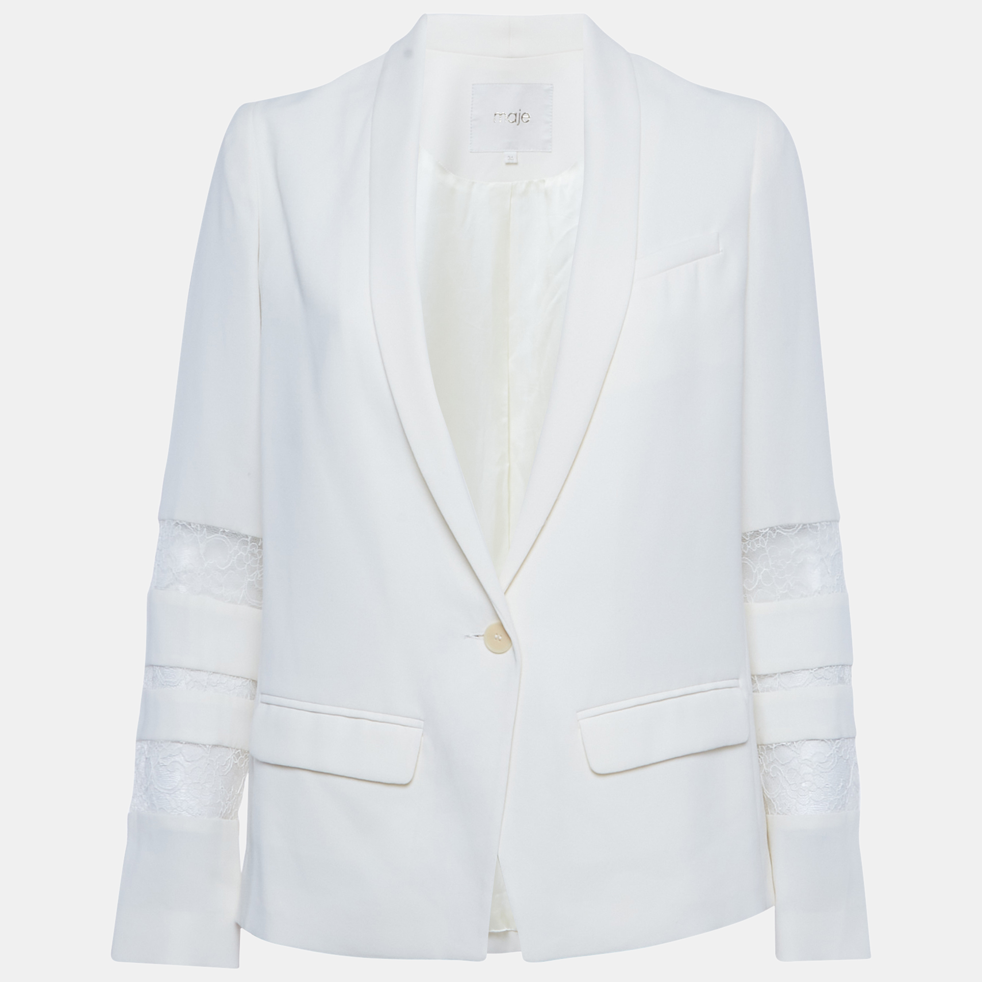 Pre-owned Maje Cream Crepe & Lace Trim Button Front Blazer S In White