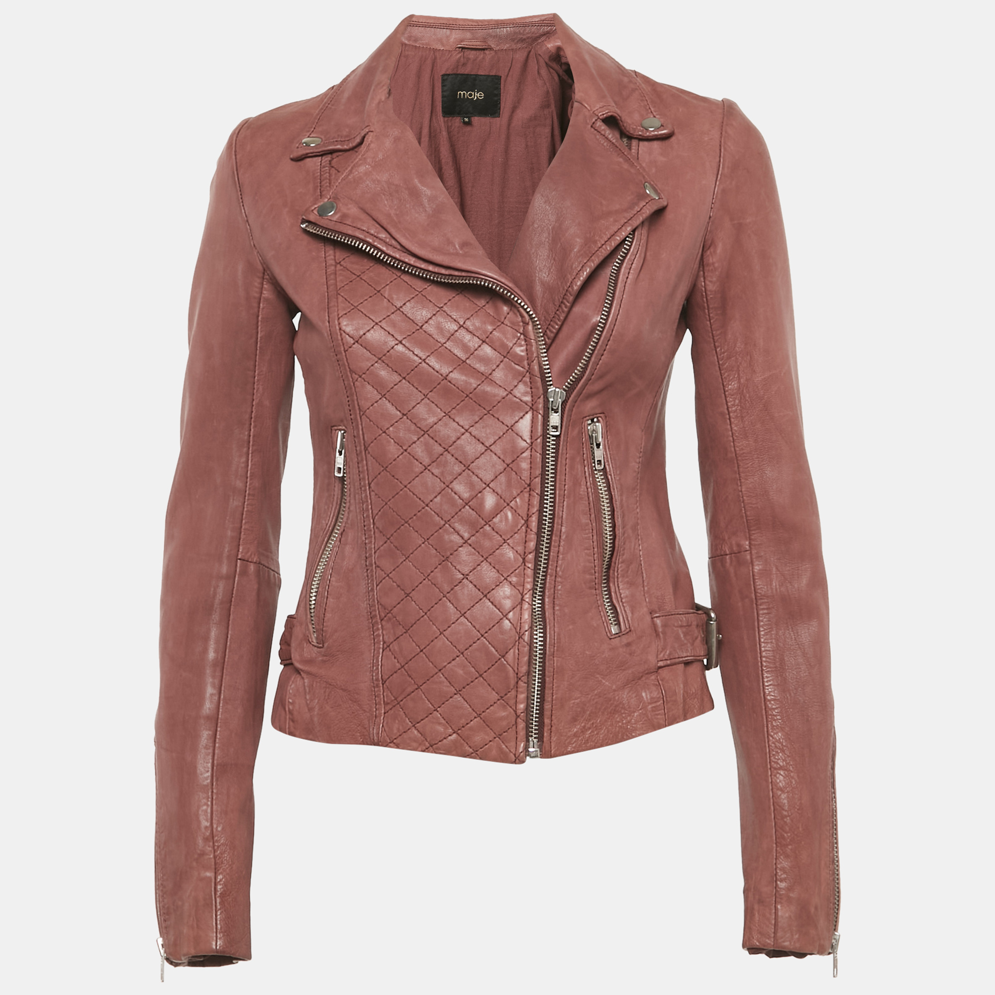 Pre-owned Maje Onion Pink Leather Quilted Detail Bomber Jacket S