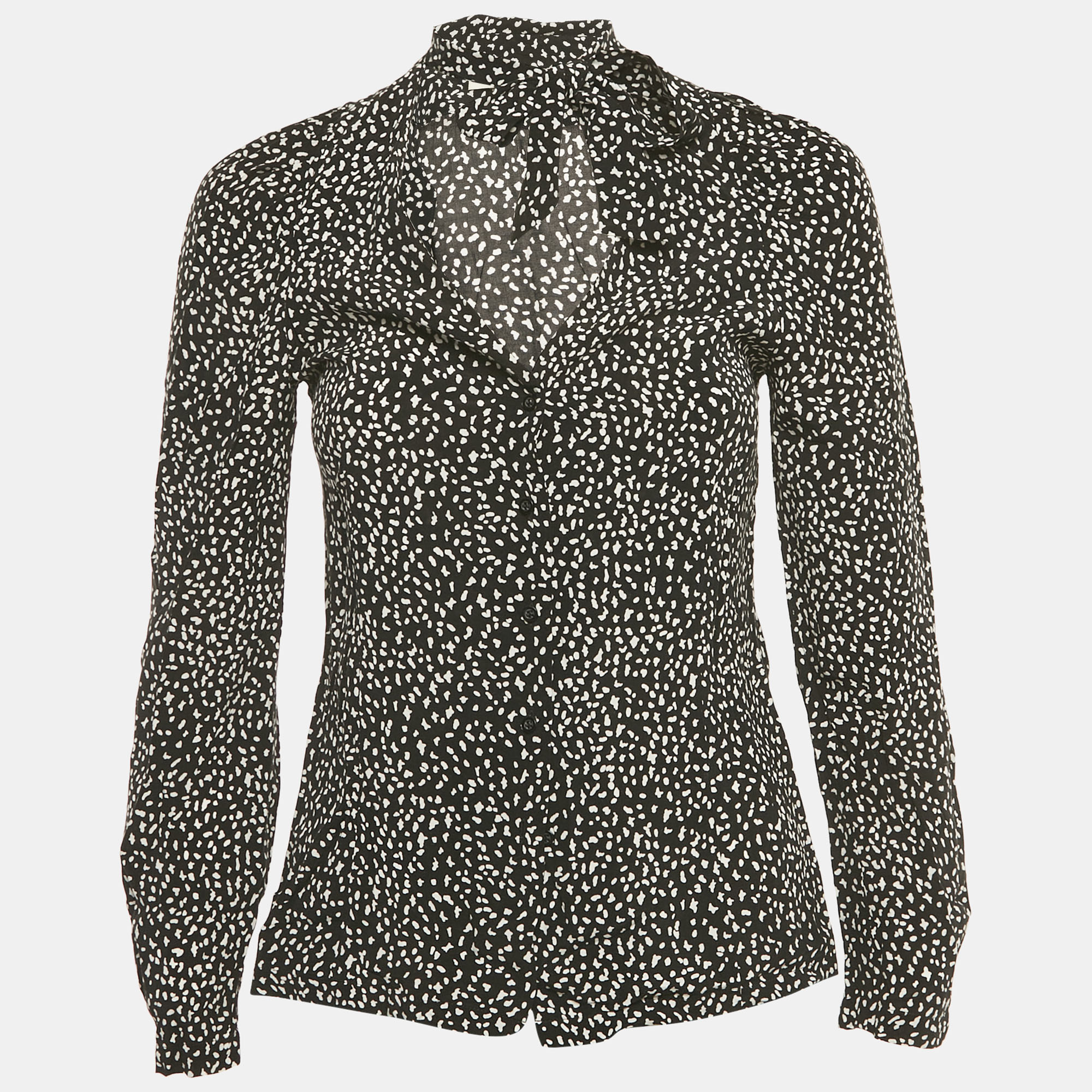 Pre-owned Maje Black Printed Crepe Neck Tie Detail Top S