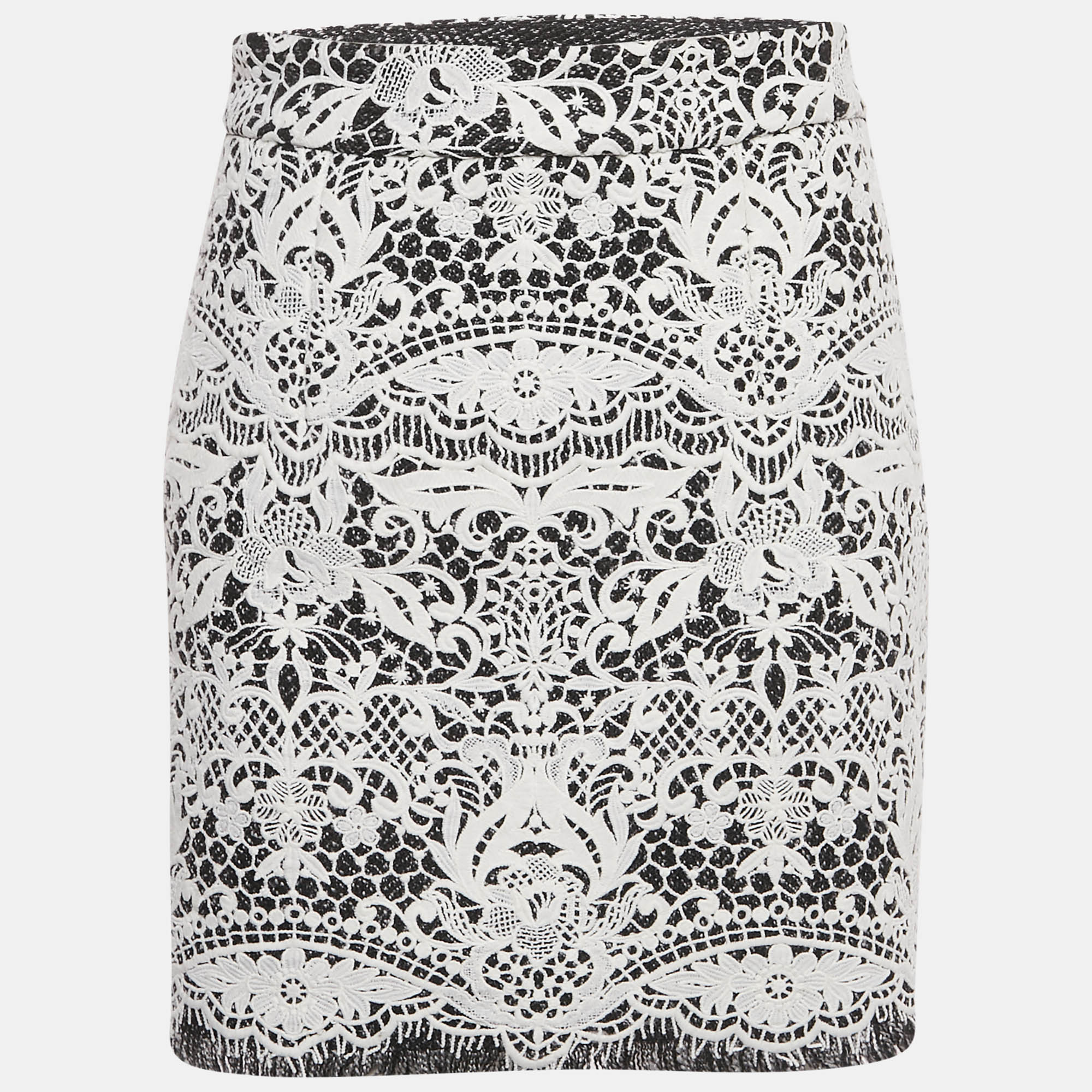 Pre-owned Maje White / Black Lace Fringed Hem Mini Skirt M
