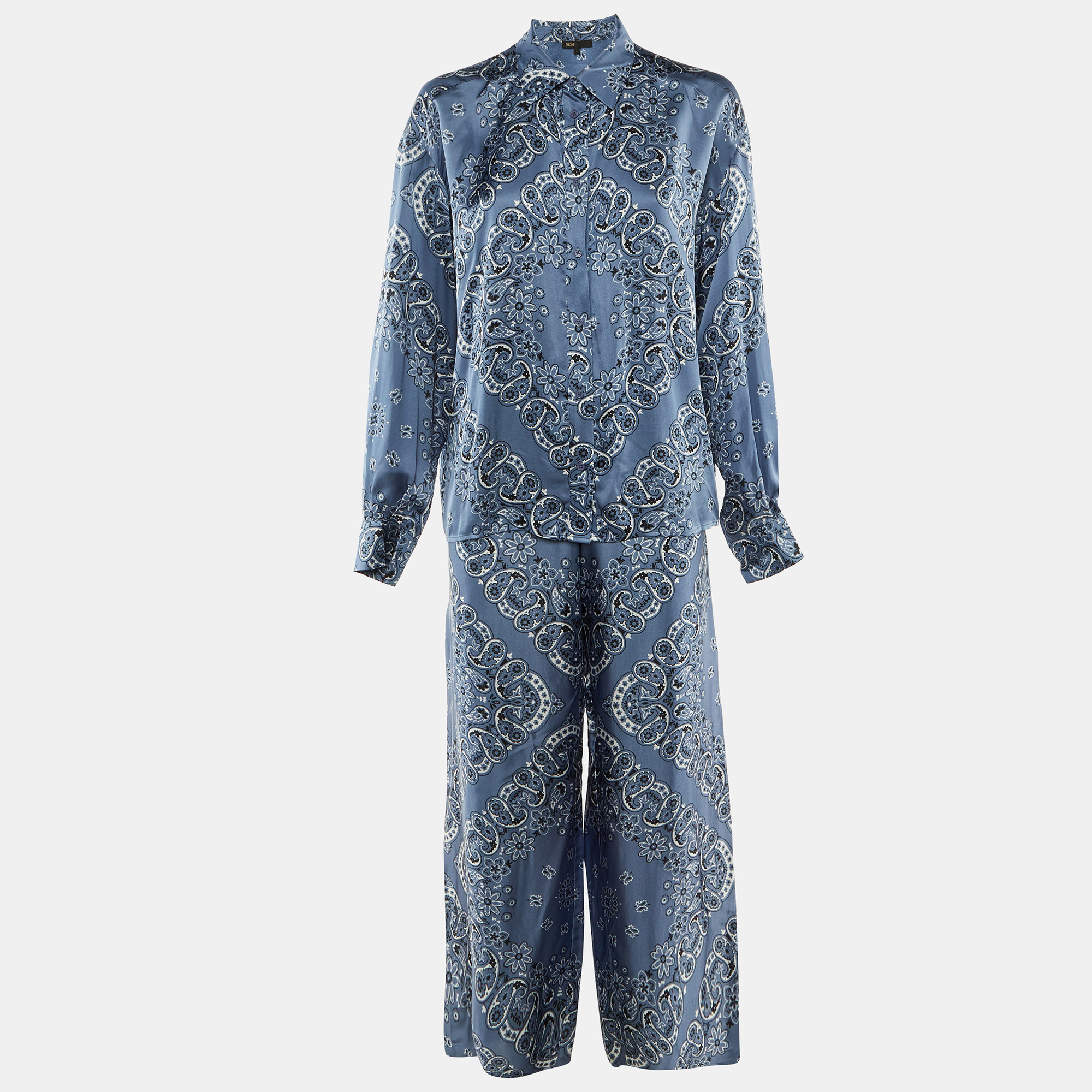 Pre-owned Maje Blue Paisley Printed Satin Shirt & Pants Set S