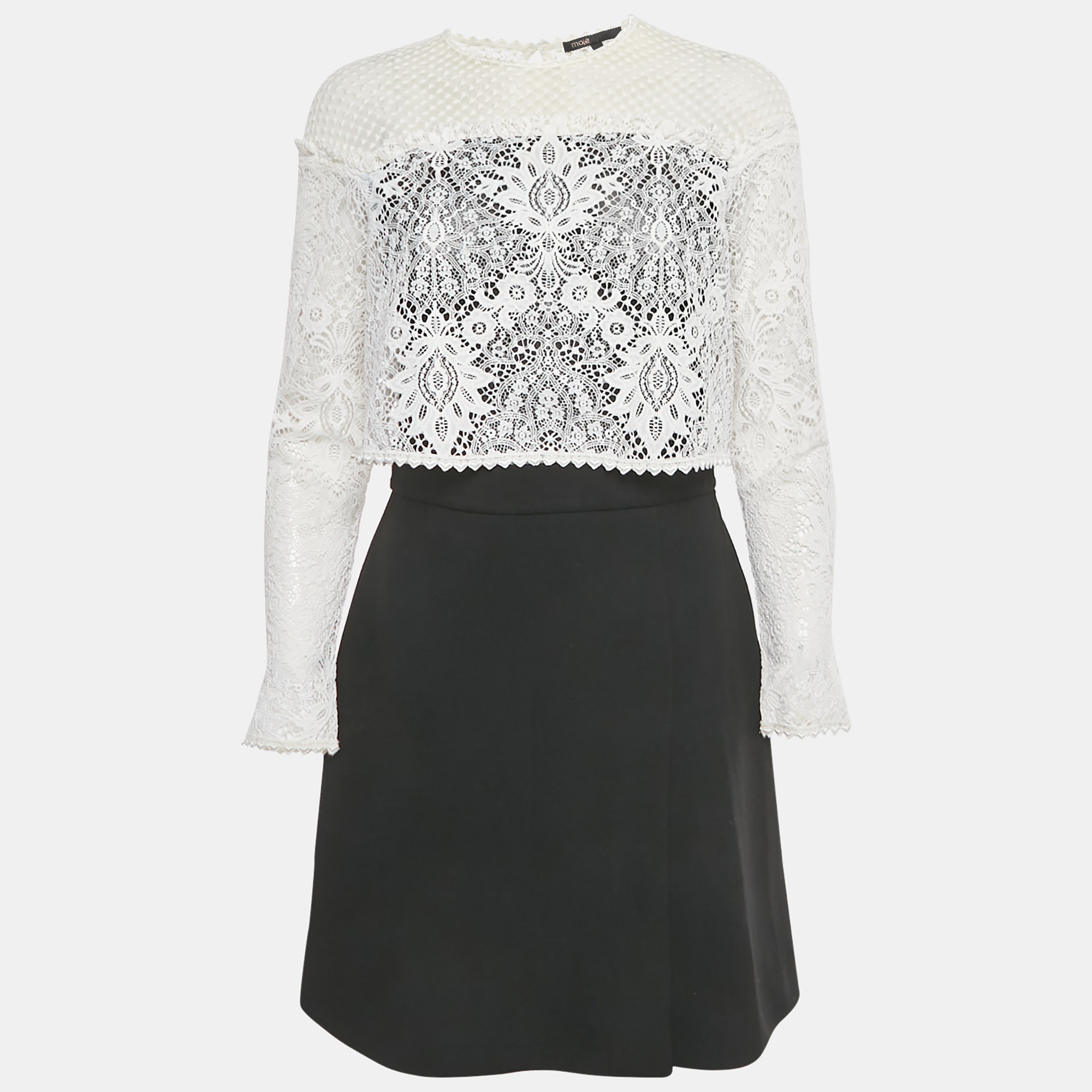 Pre-owned Maje White / Back Lace Overlay Relim Mini Dress L In Black