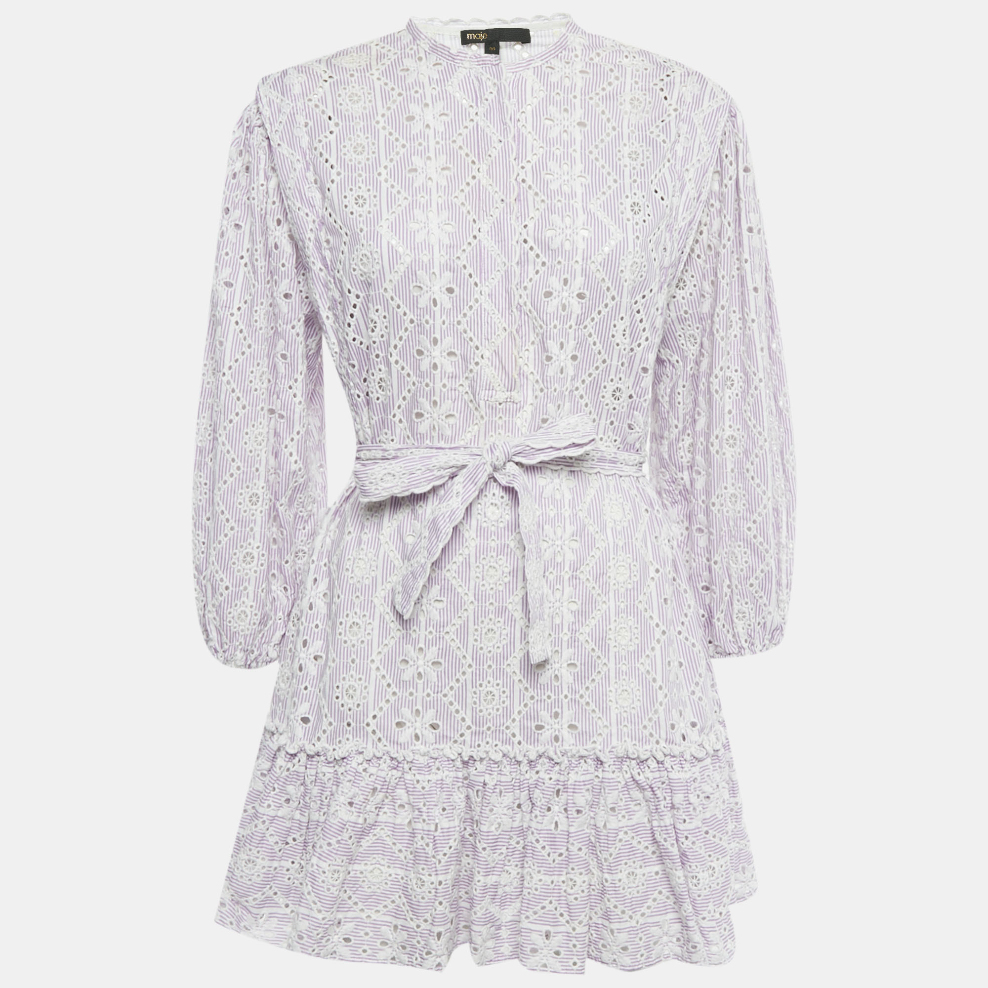 

Maje Purple Embroidered Cotton Belted Mini Dress S