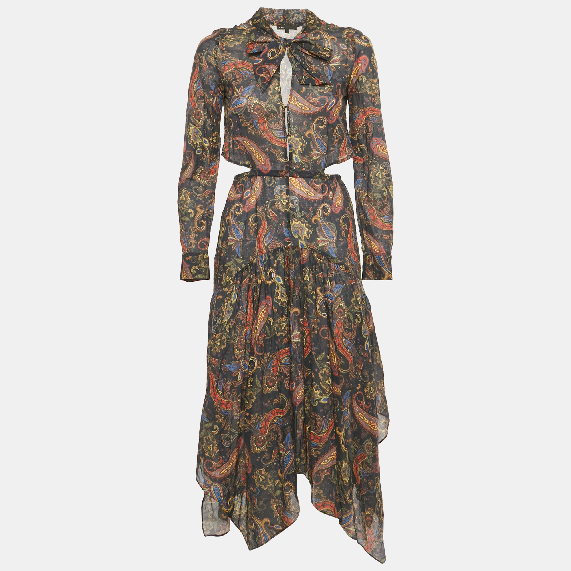 

Maje Blue Paisley Print Citton Cut-Out Asymmetric Midi Dress S, Navy blue