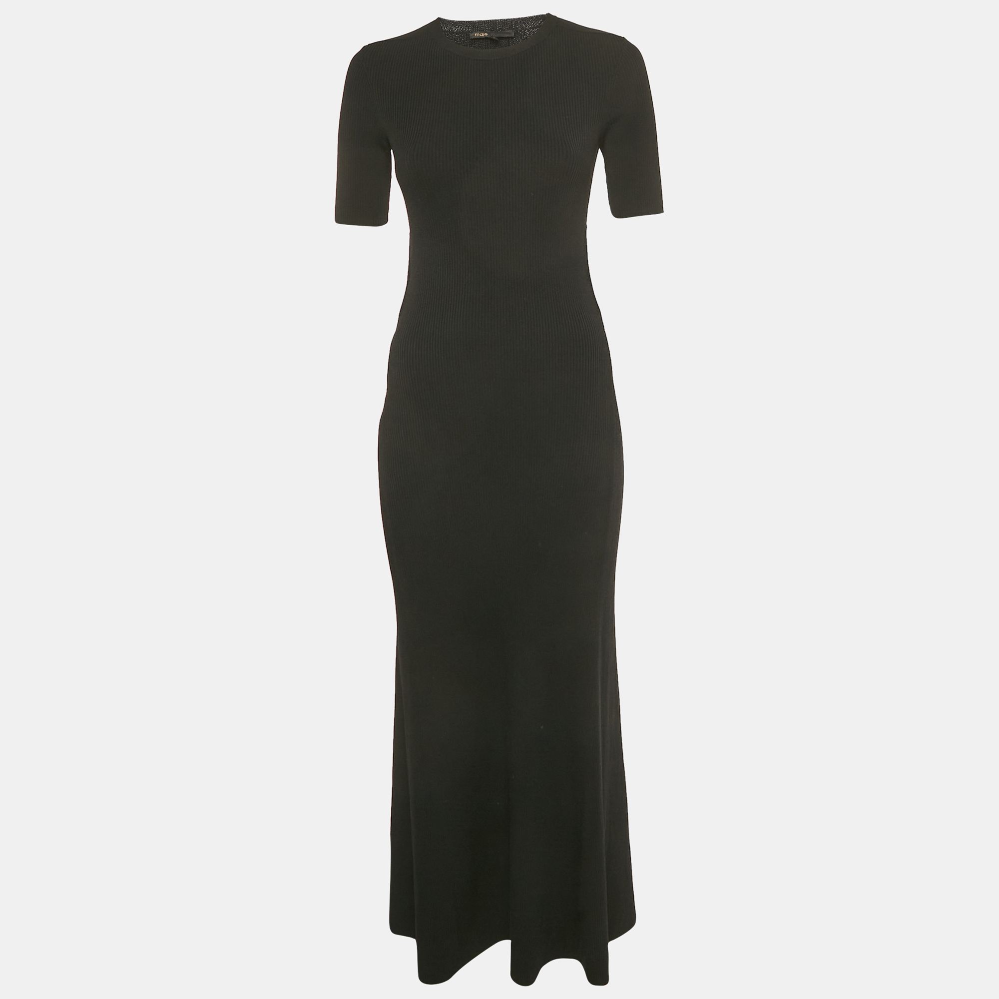

Maje Black Rib Knit Openwork Long Dress XS