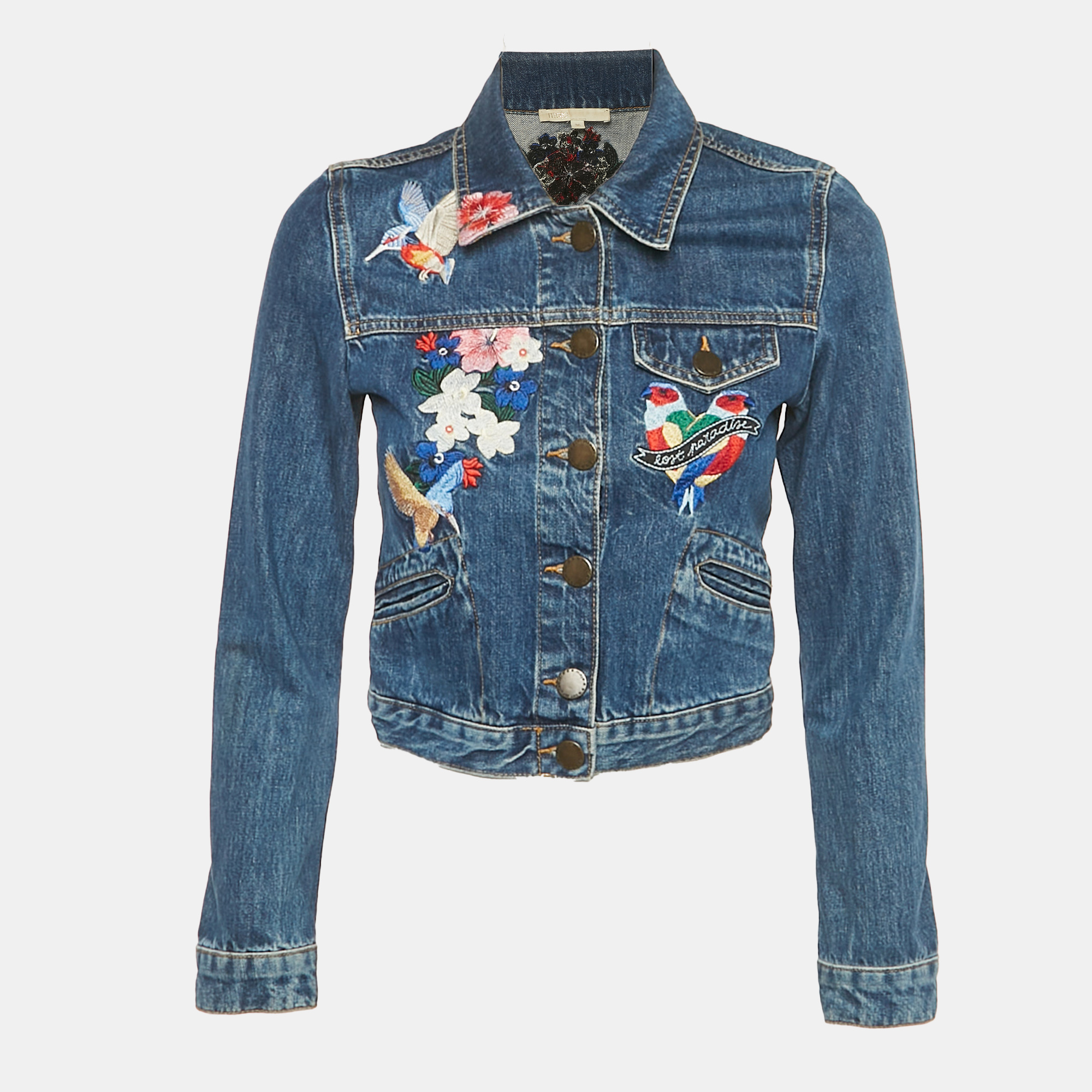 

Maje Blue Floral Embroidered Cropped Vivo Denim Jacket S