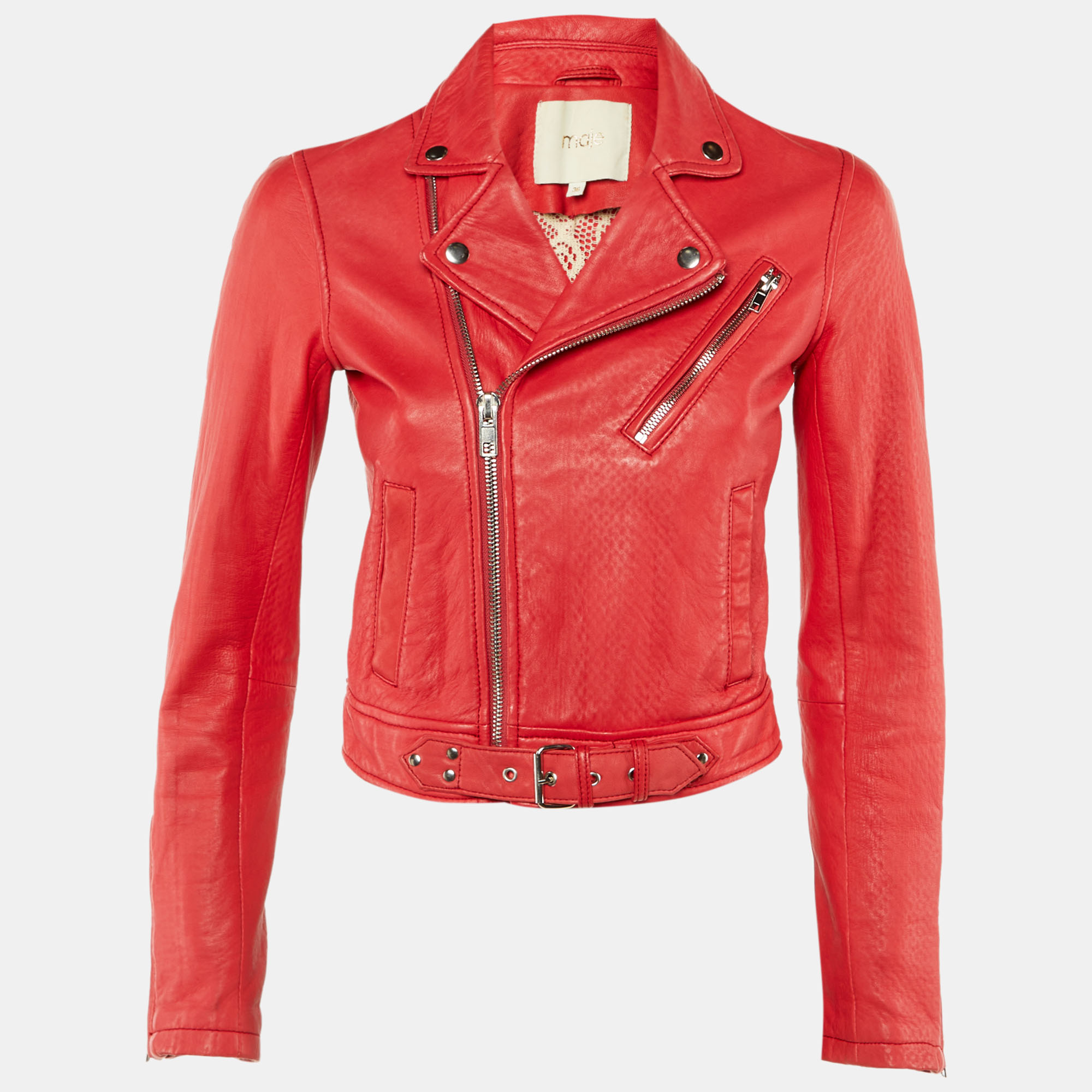 Pre-owned Maje Red Leather Bostep Biker Jacket S