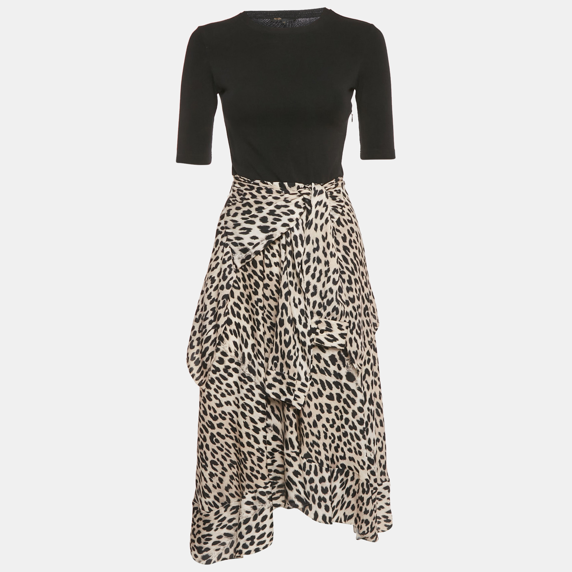 Pre-owned Maje Black Leopard Print Satin Asymmetric Midi Dress S