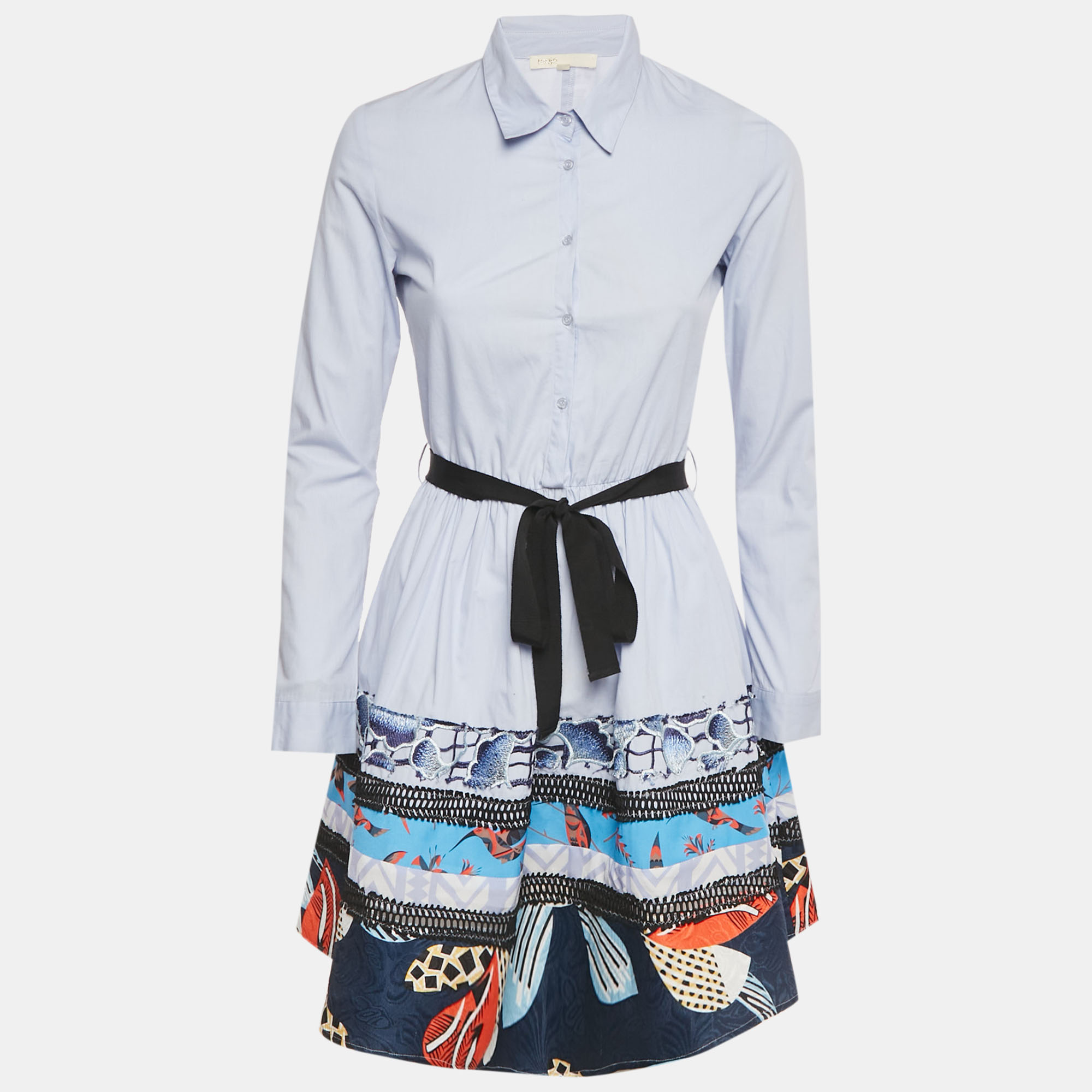 Pre-owned Maje Blue Printed Lace Detail Cotton Rafina Mini Shirt Dress S