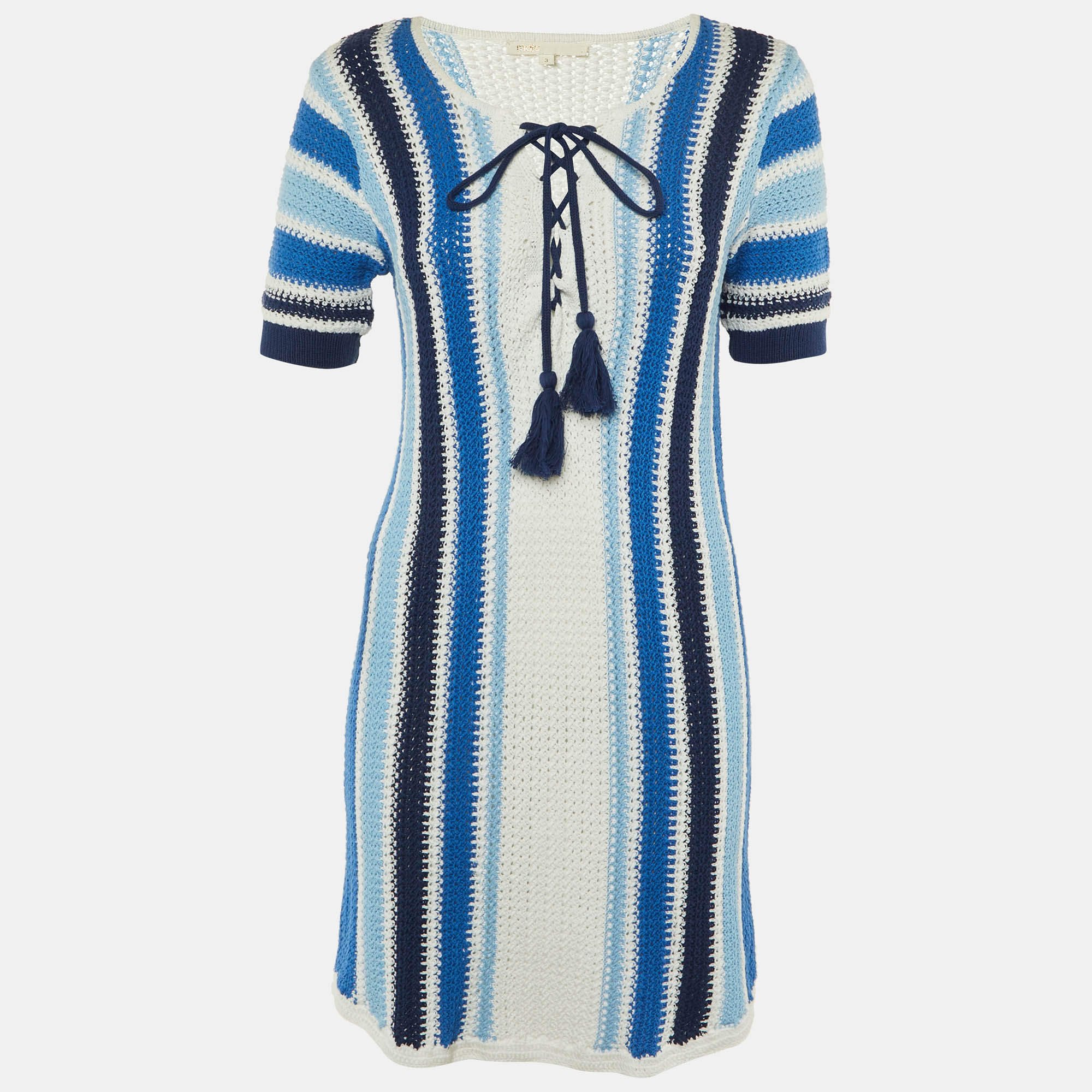 

Maje Blue Striped Crochet Knit Reedlay Mini Dress L