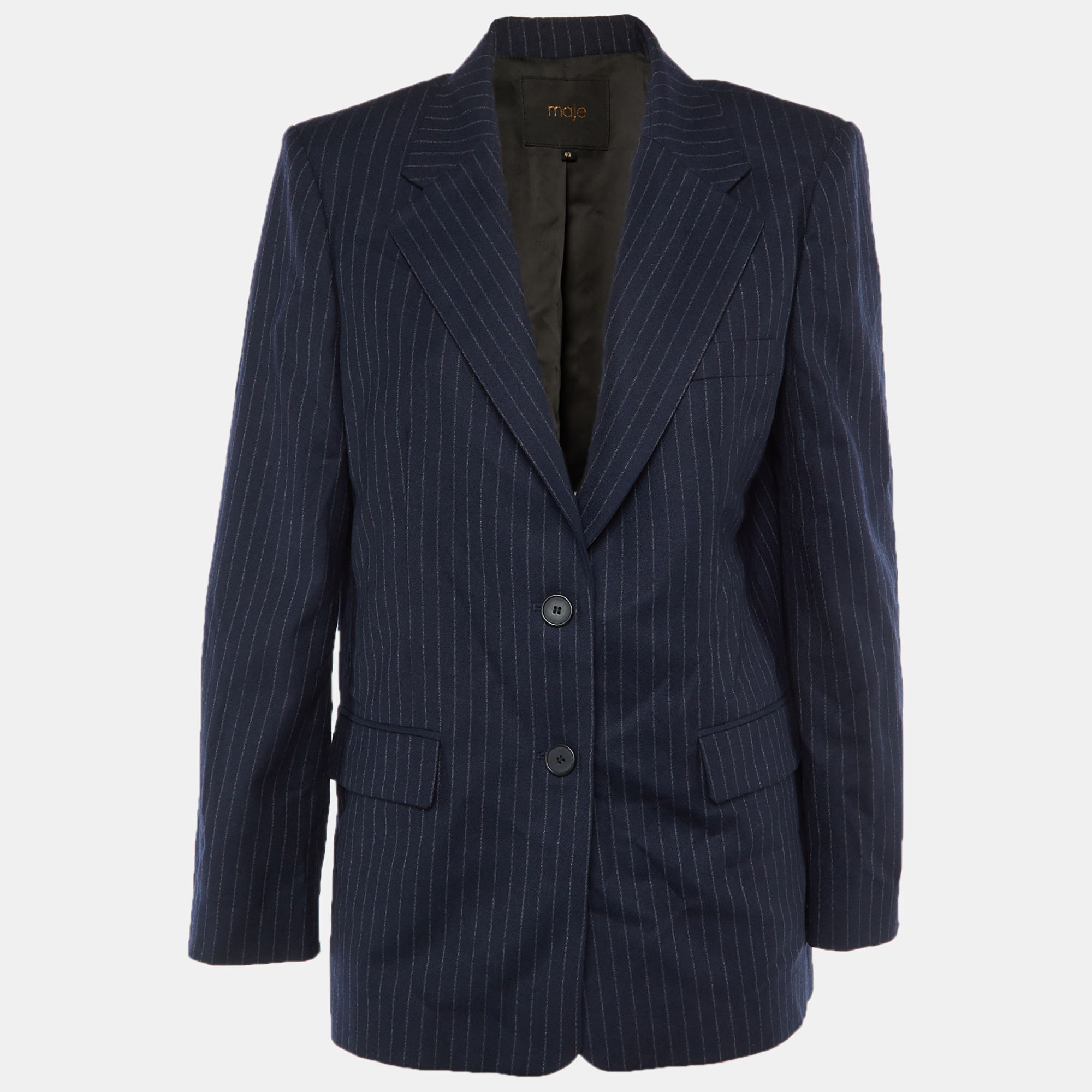 Pre-owned Maje Navy Blue Striped Wool Single Breasted Blazer L
