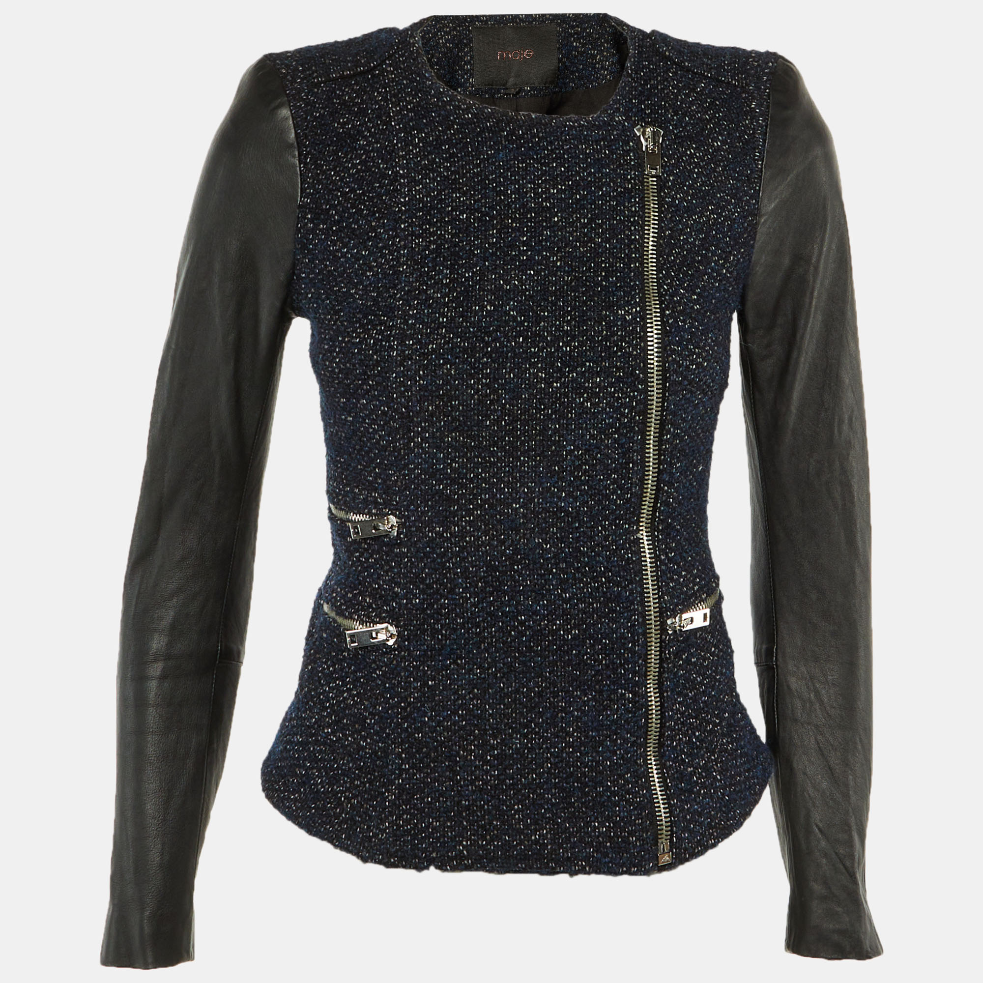 

Maje Navy Blue /Black Tweed & Leather Zip Up Jacket S
