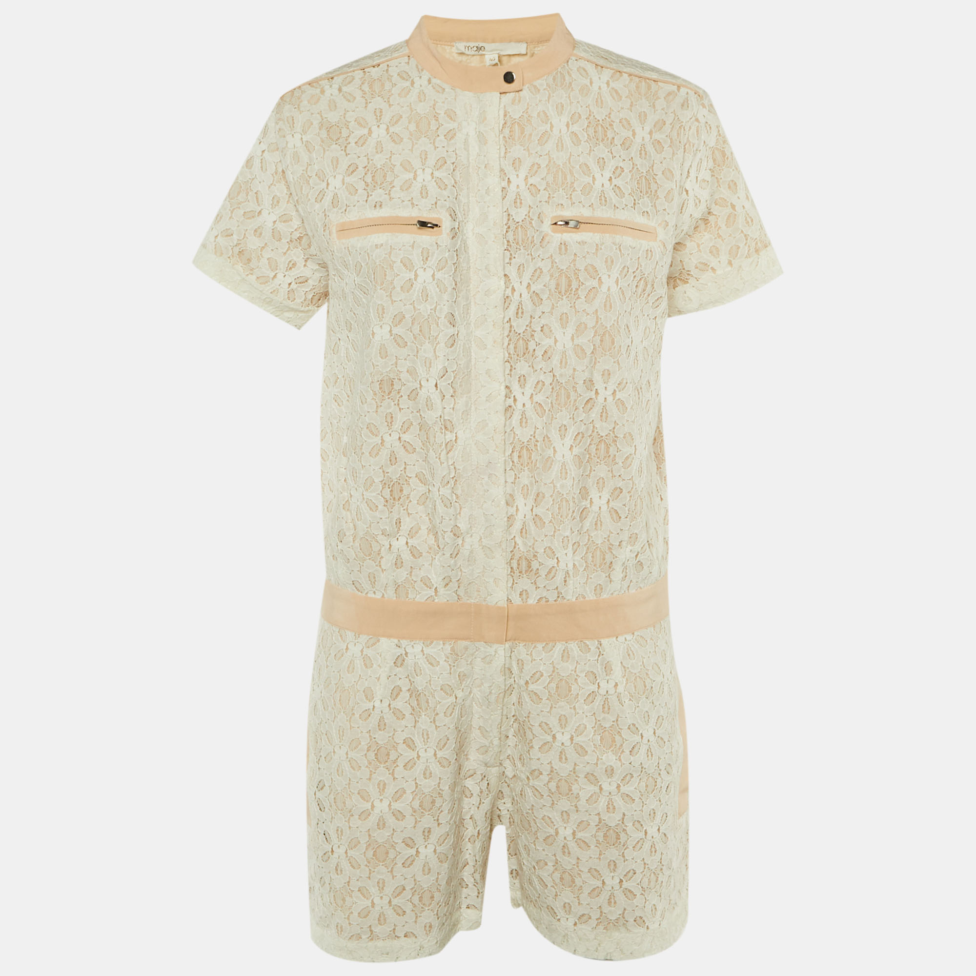 Pre-owned Maje White Lace & Silk Trim Zip Up Jumpsuit L