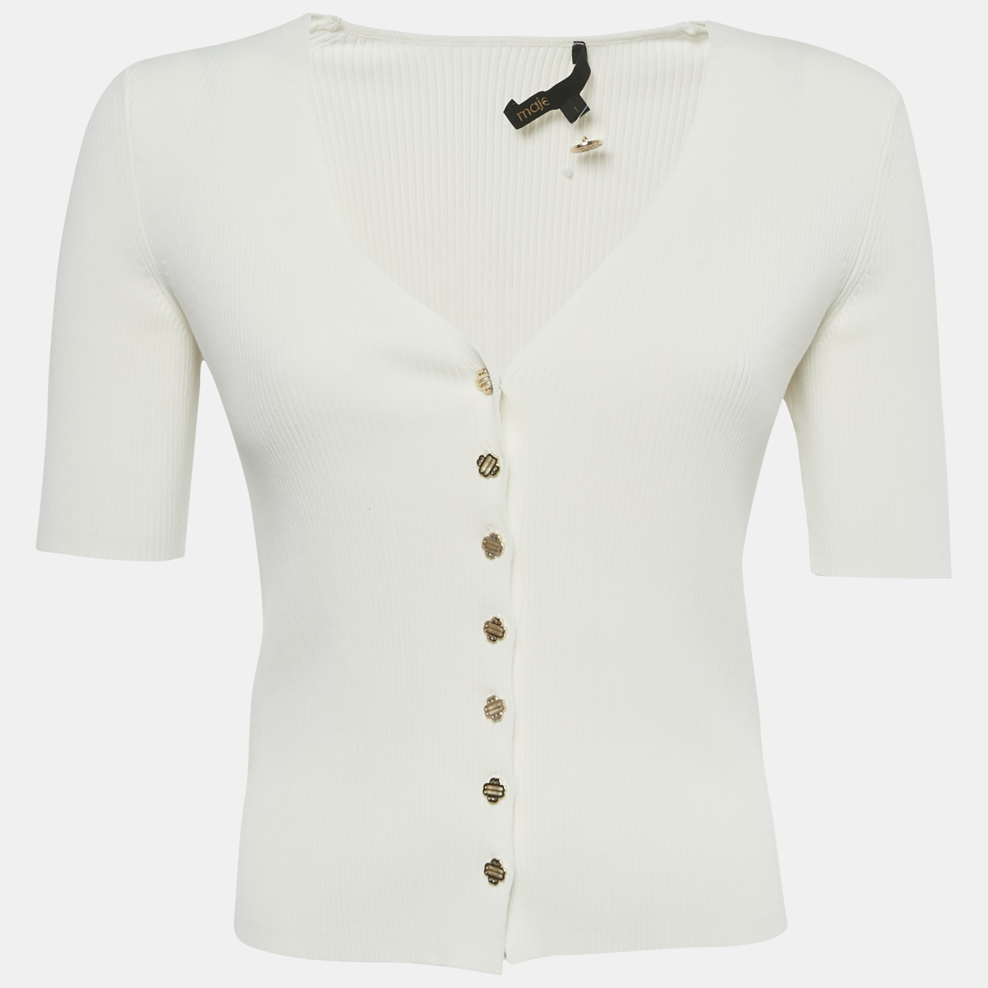 Click to view more detailed imagery on our partner's website Pre-owned Maje White Rib Knit Logo Button Detail Top S