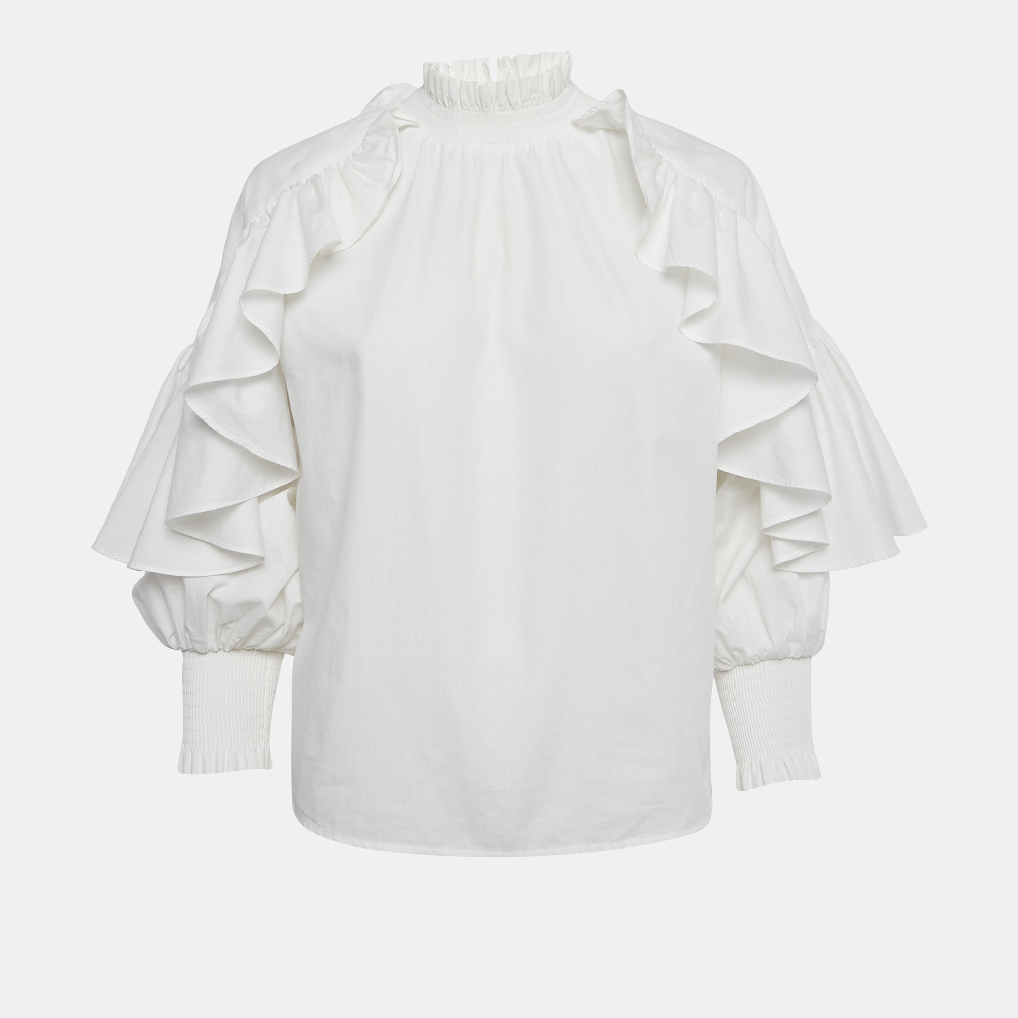 

Maje White Cotton Ruffled Shirring Blouse S