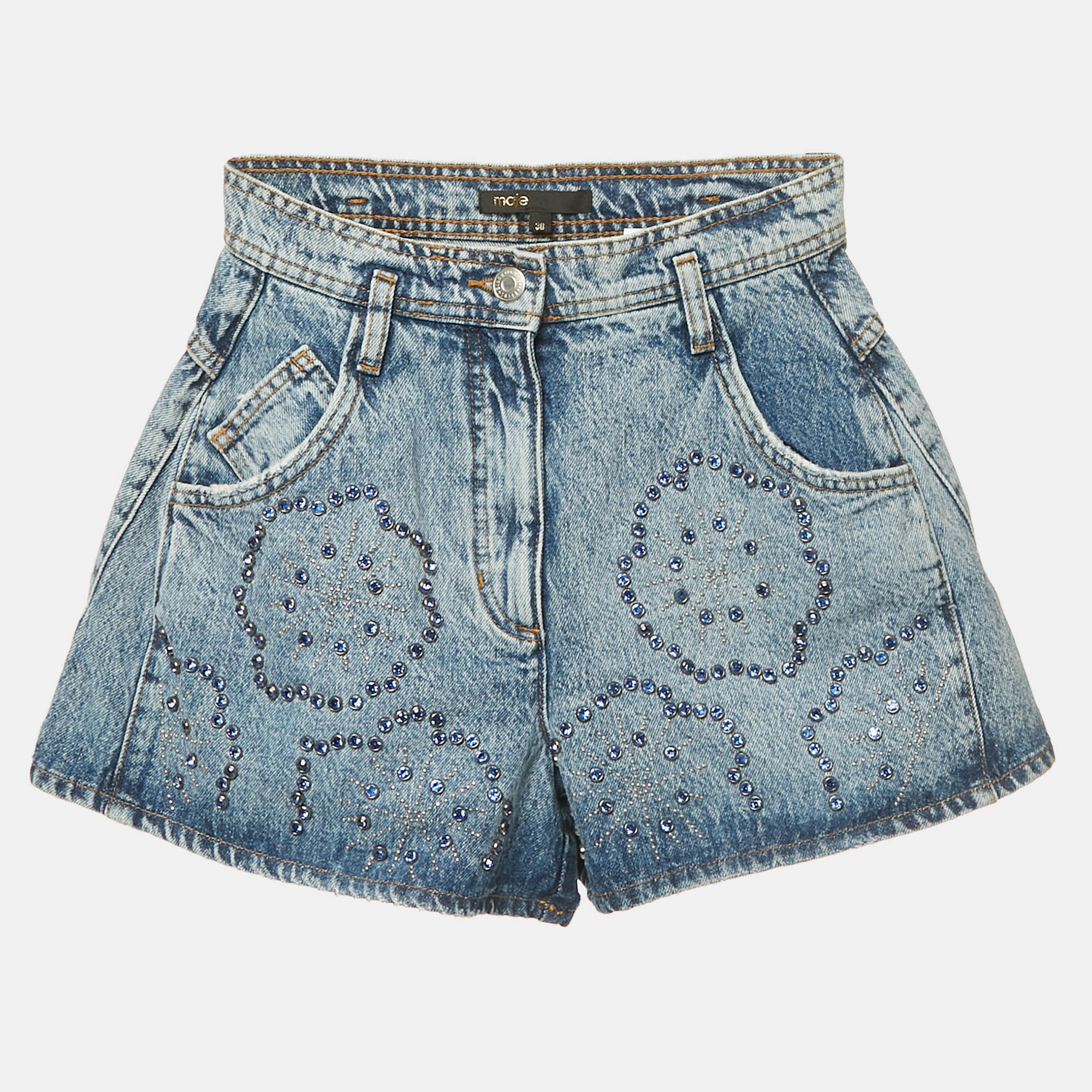 Click to view more detailed imagery on our partner's website Pre-owned Maje Blue Washed Denim Rhinestone Embellished Shorts M