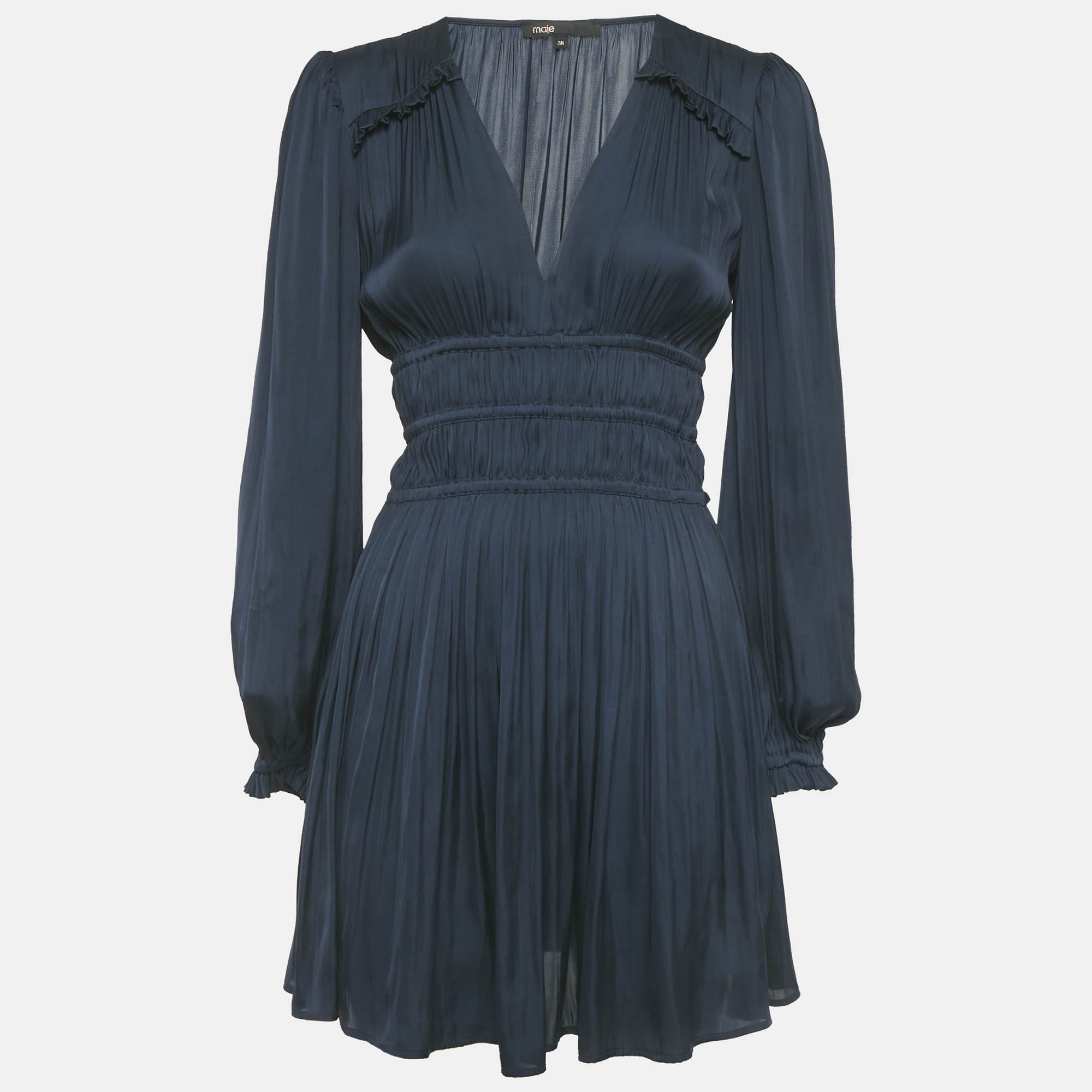 

Maje Navy Blue Satin Ruffled Mini Dress S