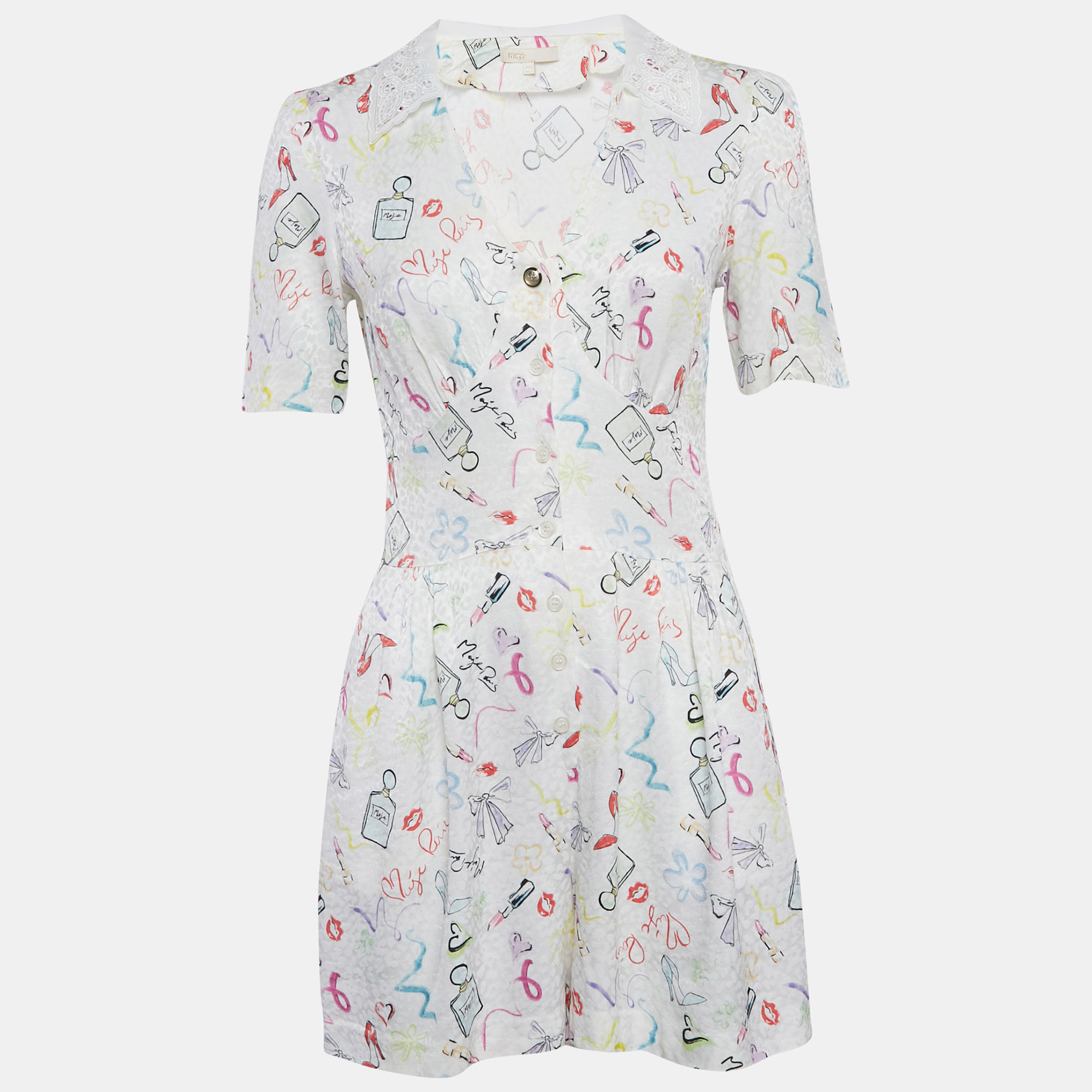 

Maje White Printed Crepe and Broderie Anglaise Collar Playsuit S