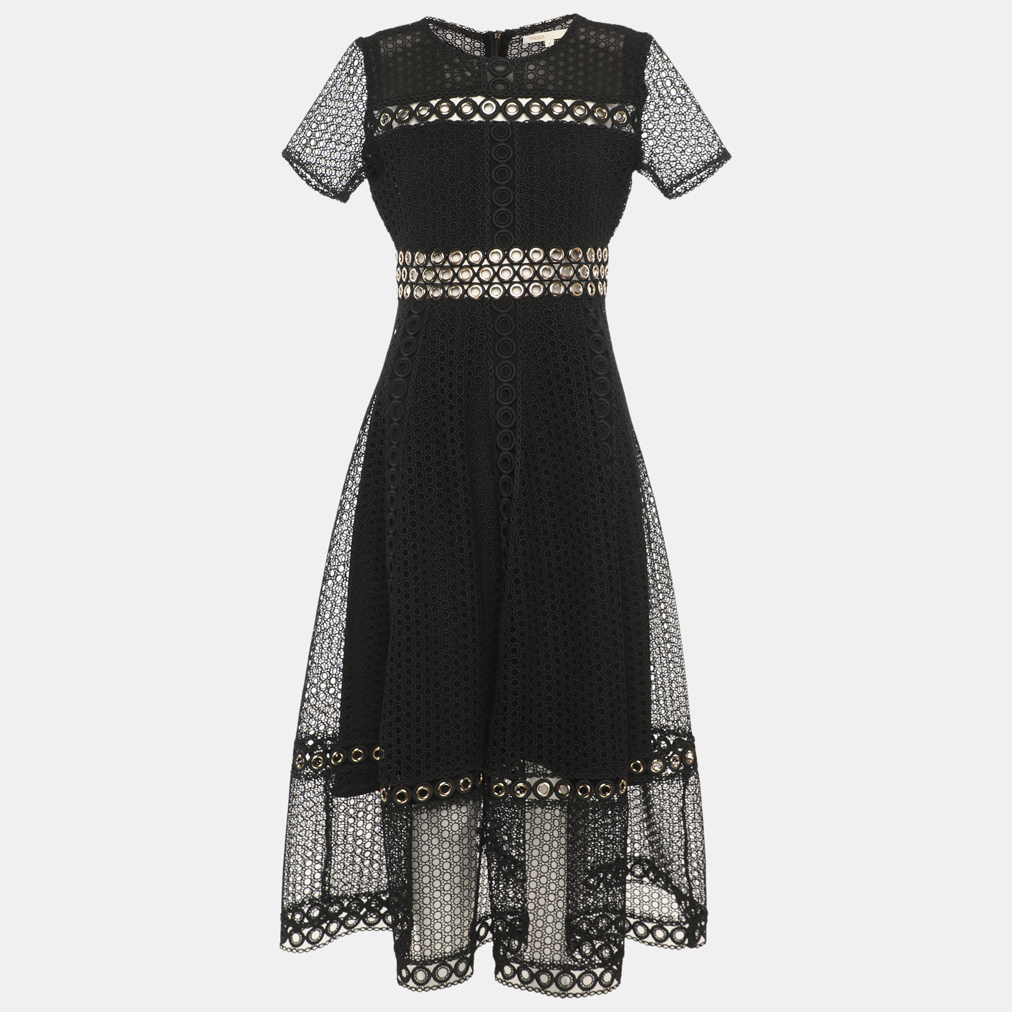 

Maje Black Lace Grommet Short Sleeve Midi Dress S