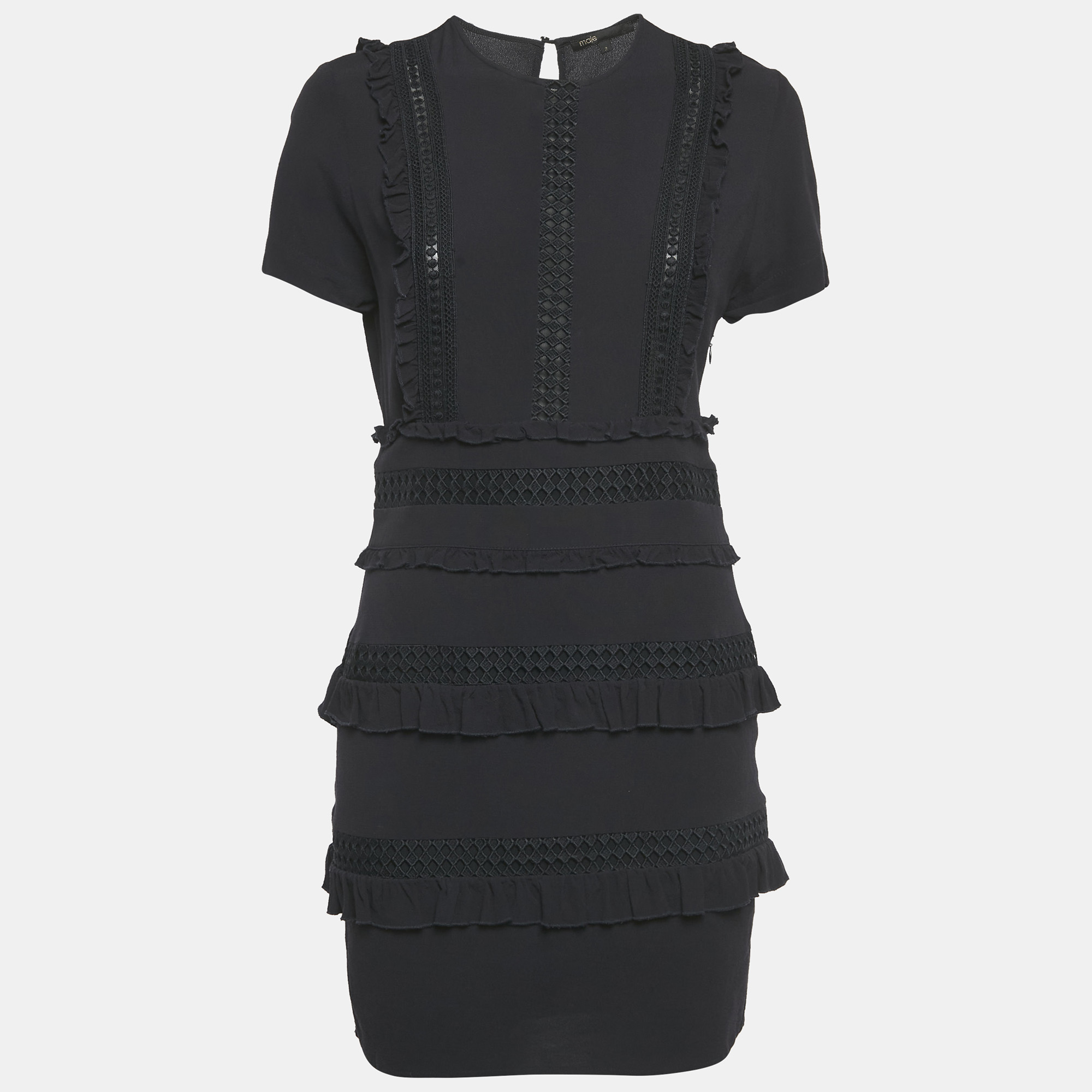 

Maje Blak Crepe Cutwork Lace Detail Mini Dress S, Black