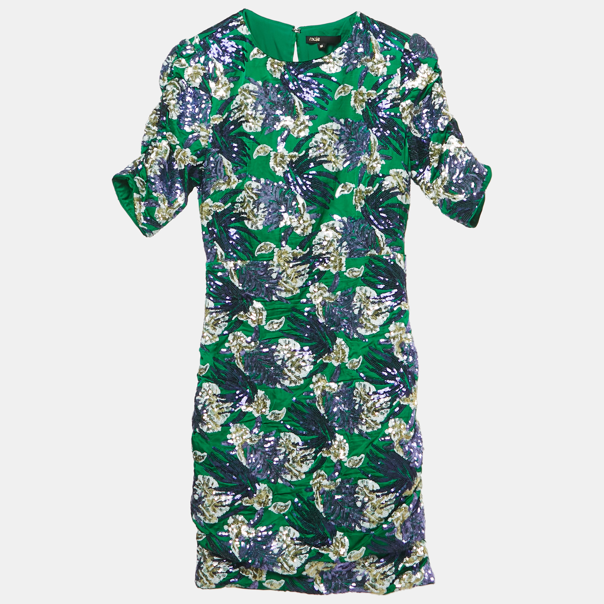 Pre-owned Maje Green Satin Blend Embroidered Sequin Mini Dress S