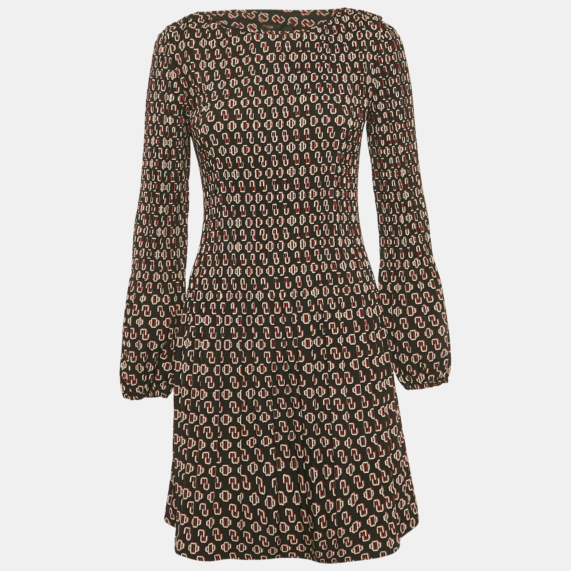 

Maje Black Logo Print Crepe Shirring Mini Dress M